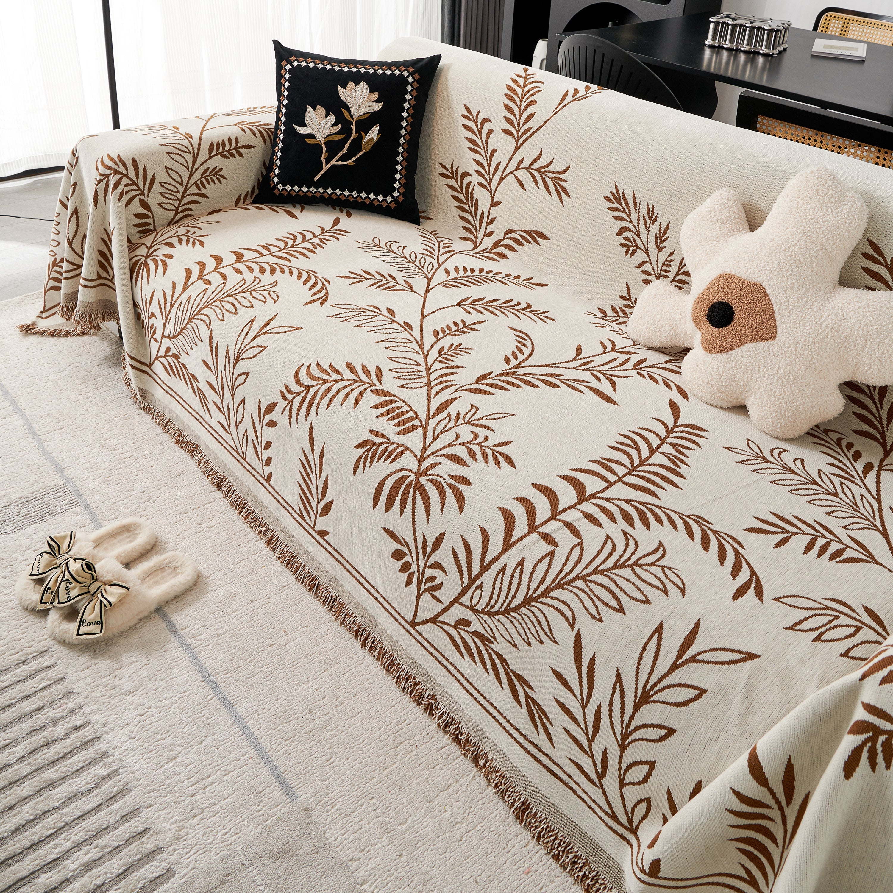 Modern Minimalist Chenille Willow Leaf Pattern Couch Cover Blanket, Luxurious Blankets For The Sofa