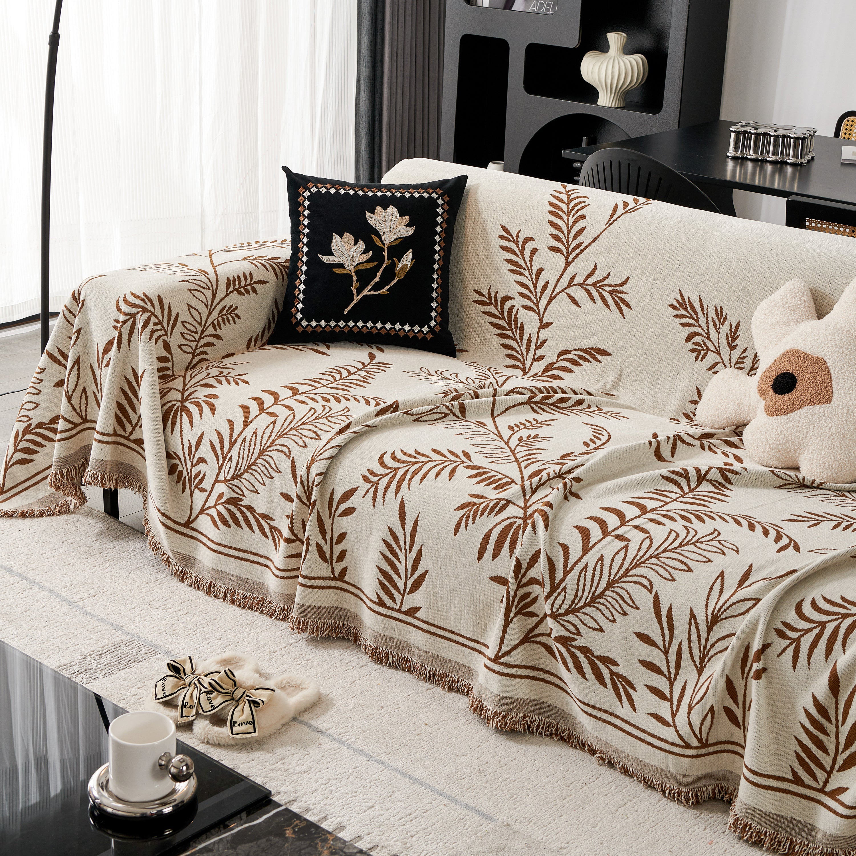 Modern Minimalist Chenille Willow Leaf Pattern Couch Cover Blanket, Luxurious Blankets For The Sofa