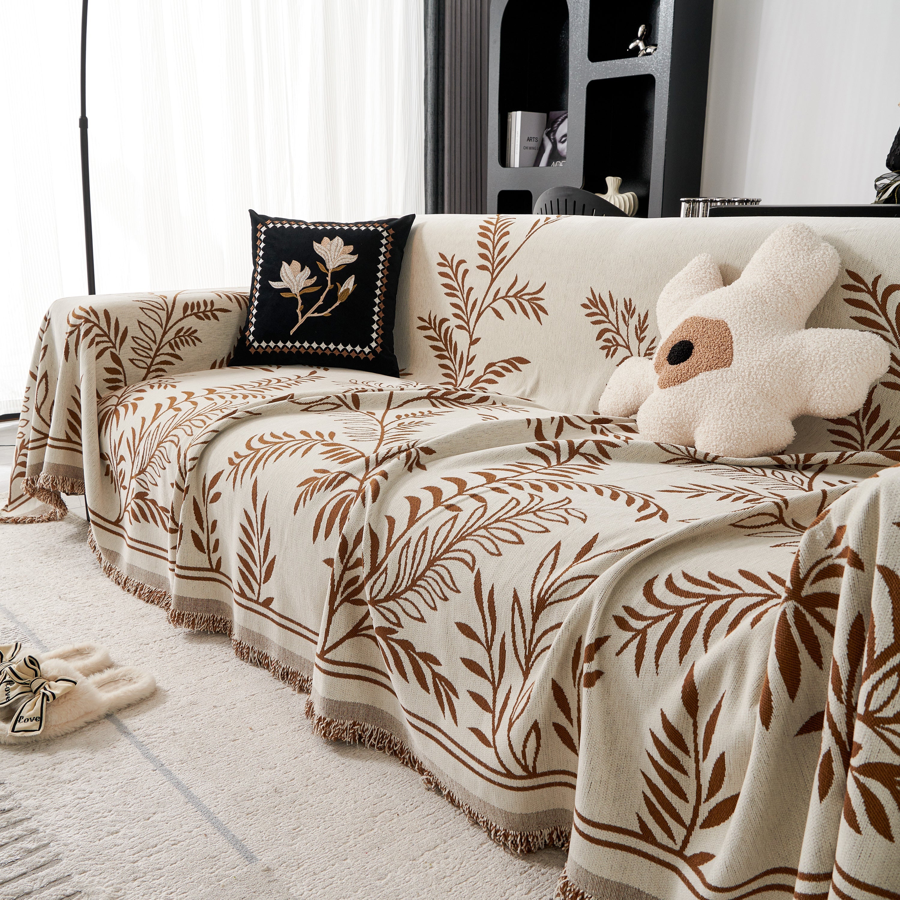 Modern Minimalist Chenille Willow Leaf Pattern Couch Cover Blanket, Luxurious Blankets For The Sofa