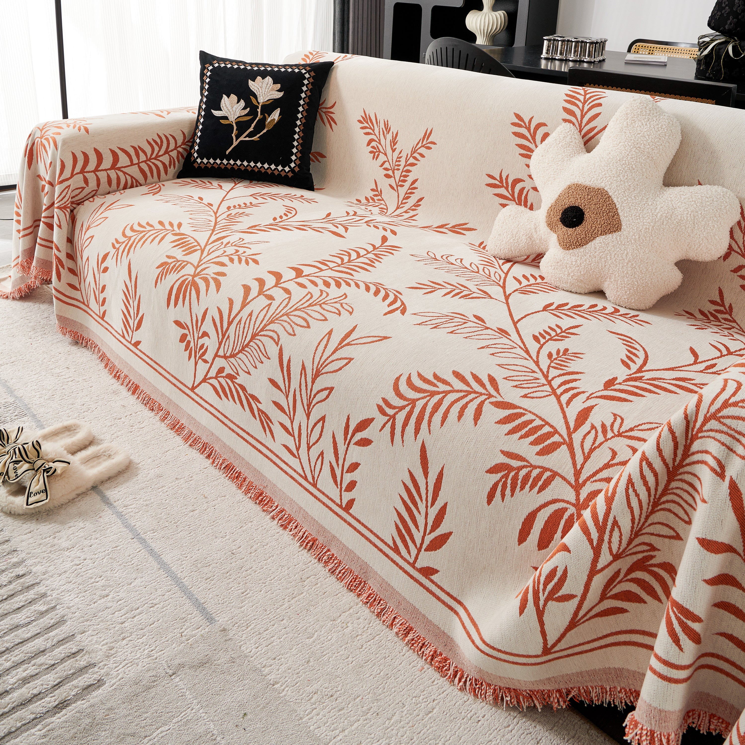Modern Minimalist Chenille Willow Leaf Pattern Couch Cover Blanket, Luxurious Blankets For The Sofa