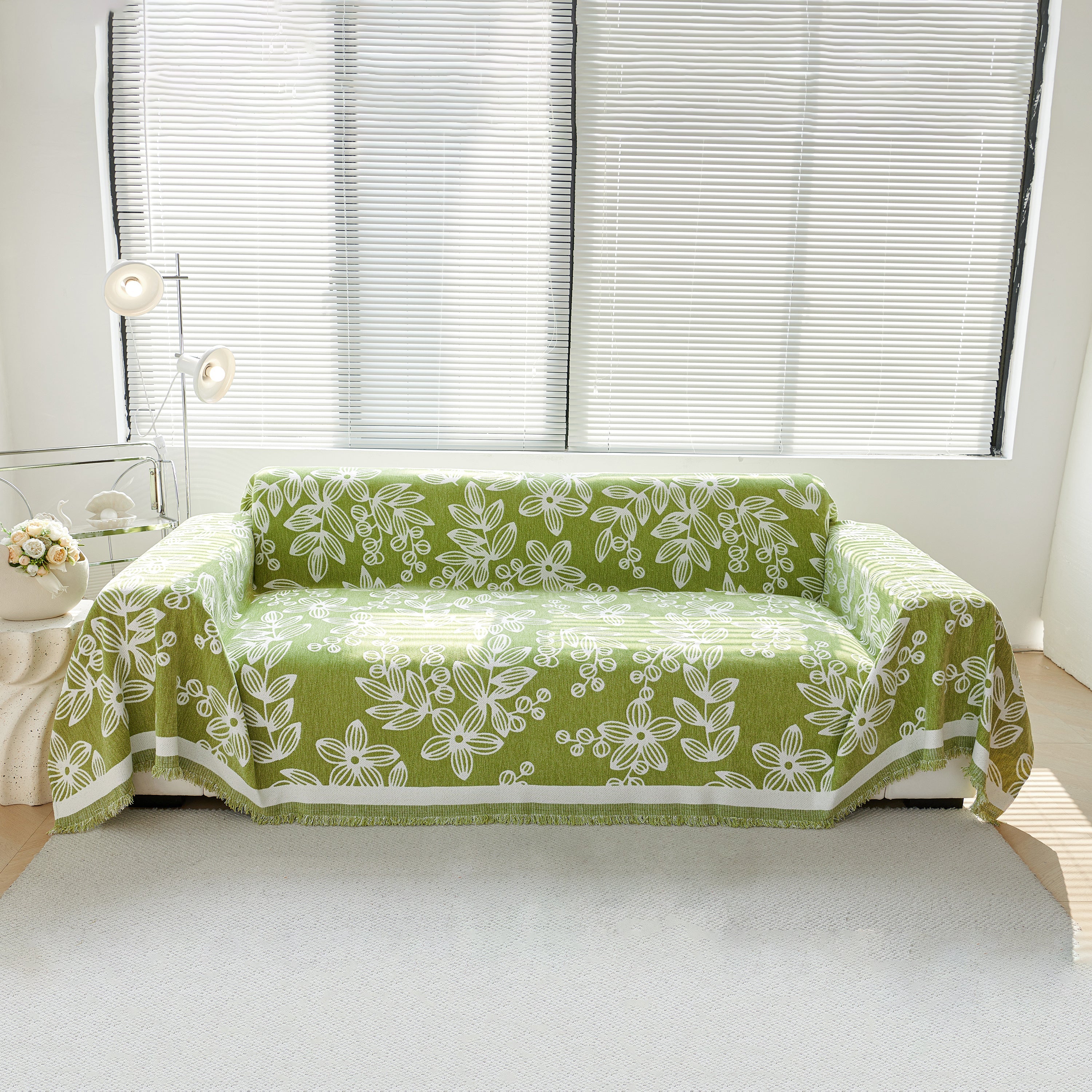Floral Symphony Couch Throw Cover With Tassel, Chenille Sofa Cover With Leafy Melodies For Sectional
