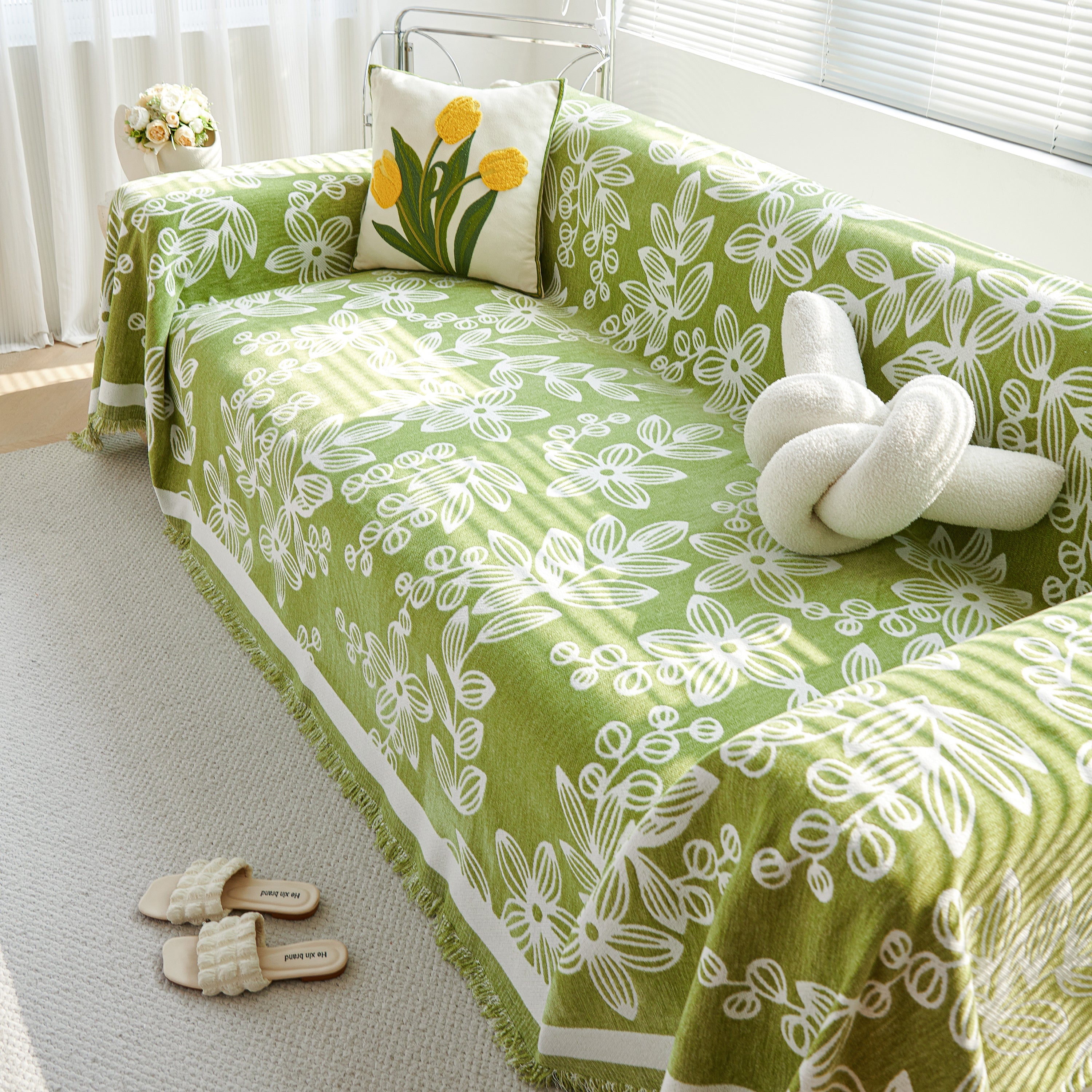 Floral Symphony Couch Throw Cover With Tassel, Chenille Sofa Cover With Leafy Melodies For Sectional