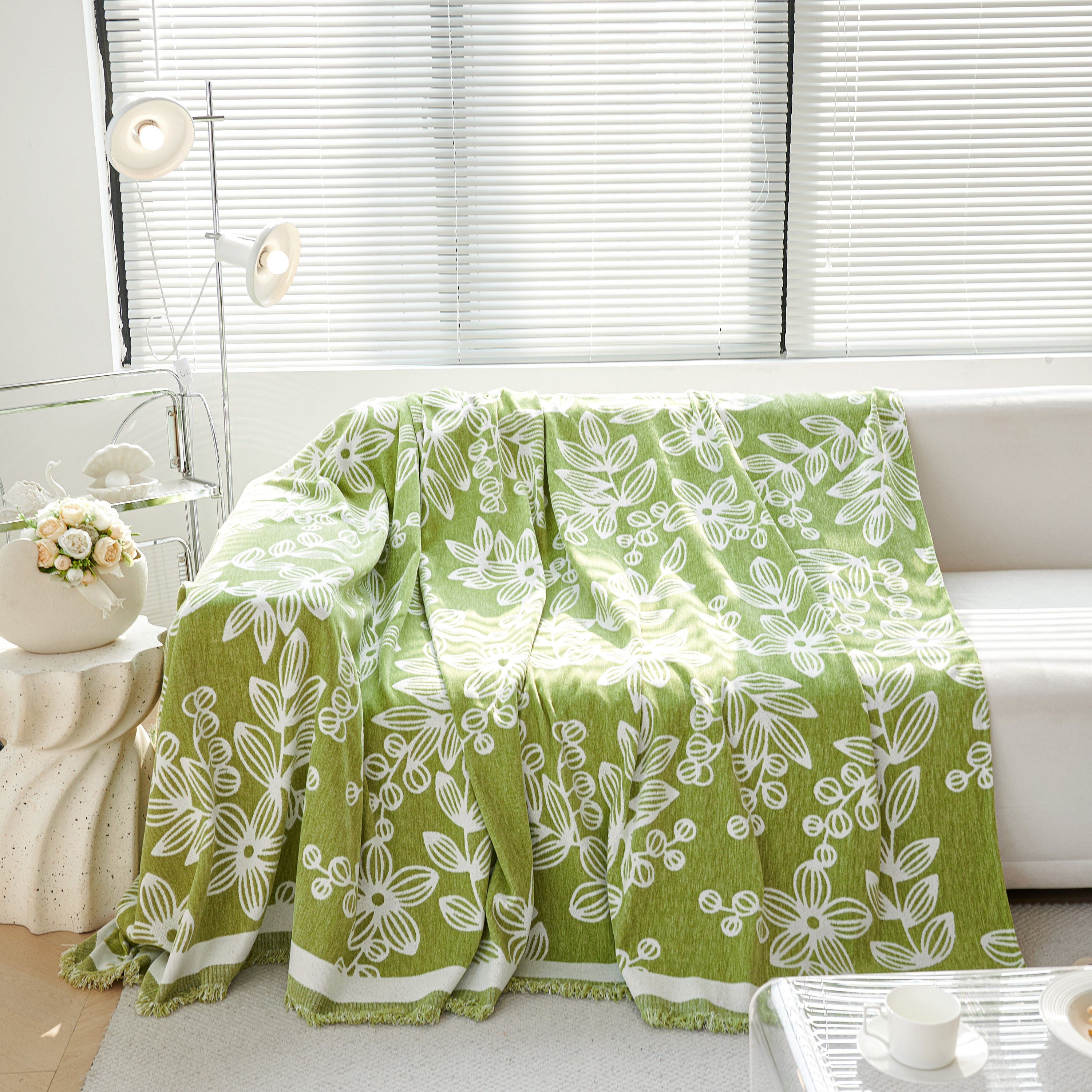 Floral Symphony Couch Throw Cover With Tassel, Chenille Sofa Cover With Leafy Melodies For Sectional