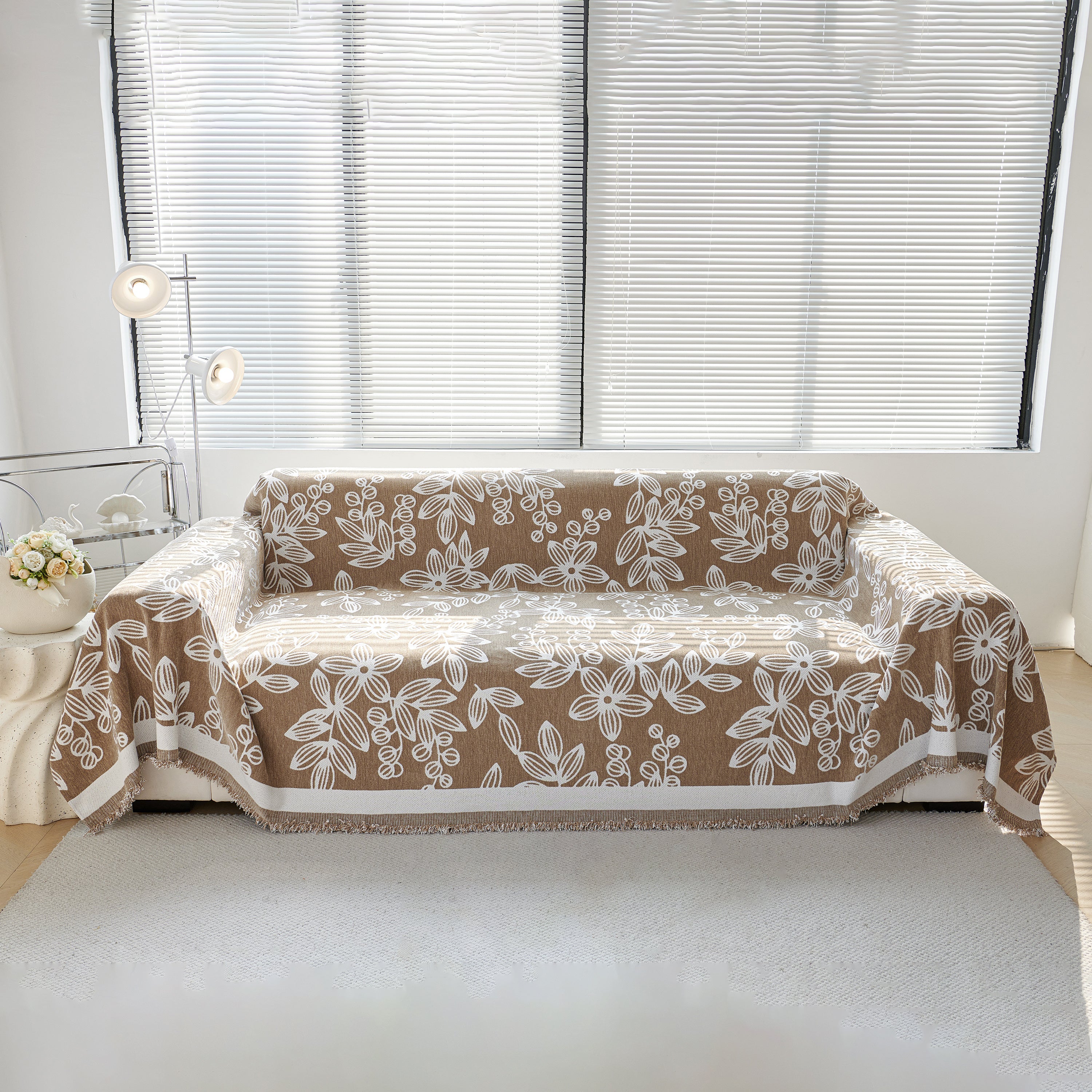 Floral Symphony Couch Throw Cover With Tassel, Chenille Sofa Cover With Leafy Melodies For Sectional