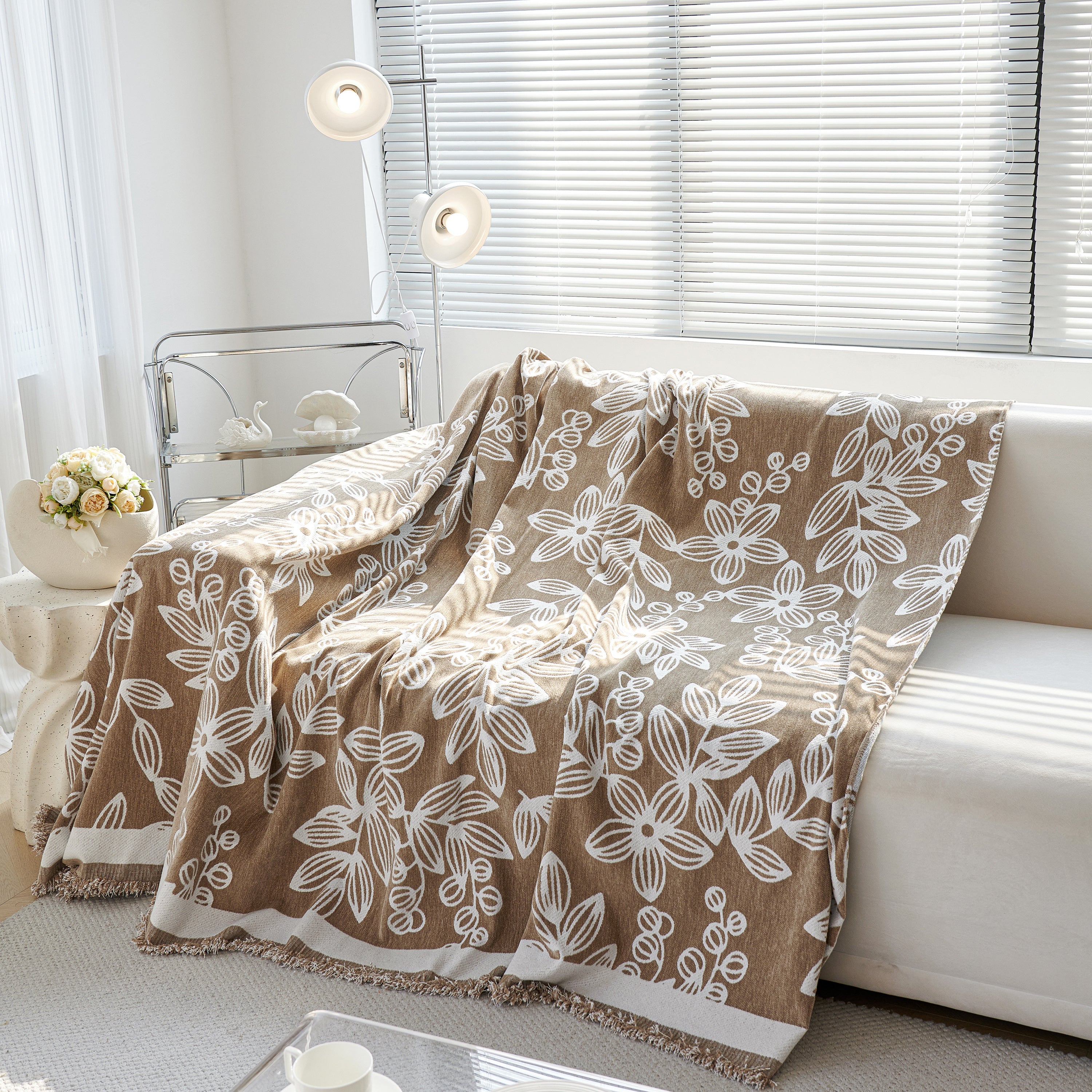 Floral Symphony Couch Throw Cover With Tassel, Chenille Sofa Cover With Leafy Melodies For Sectional