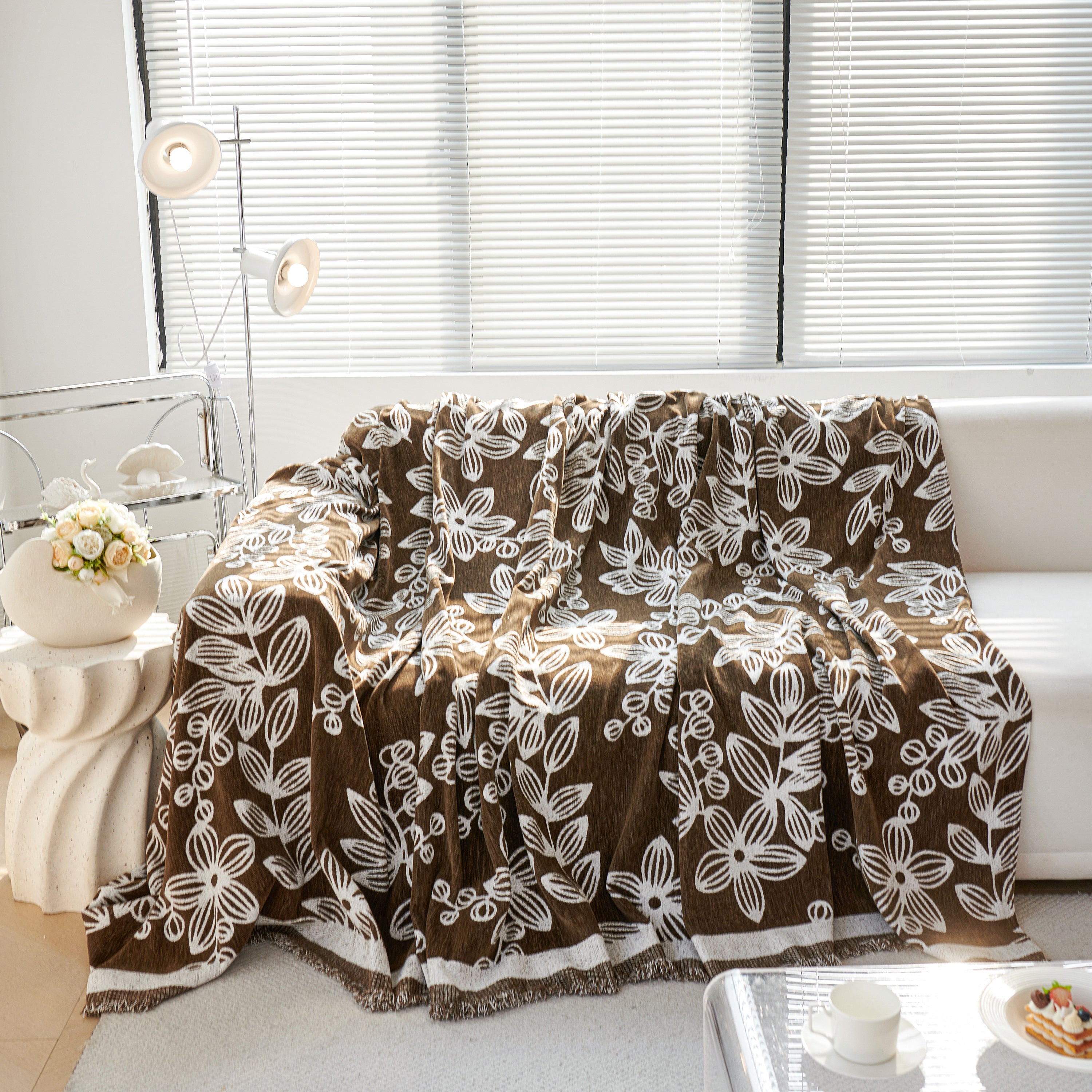 Floral Symphony Couch Throw Cover With Tassel, Chenille Sofa Cover With Leafy Melodies For Sectional