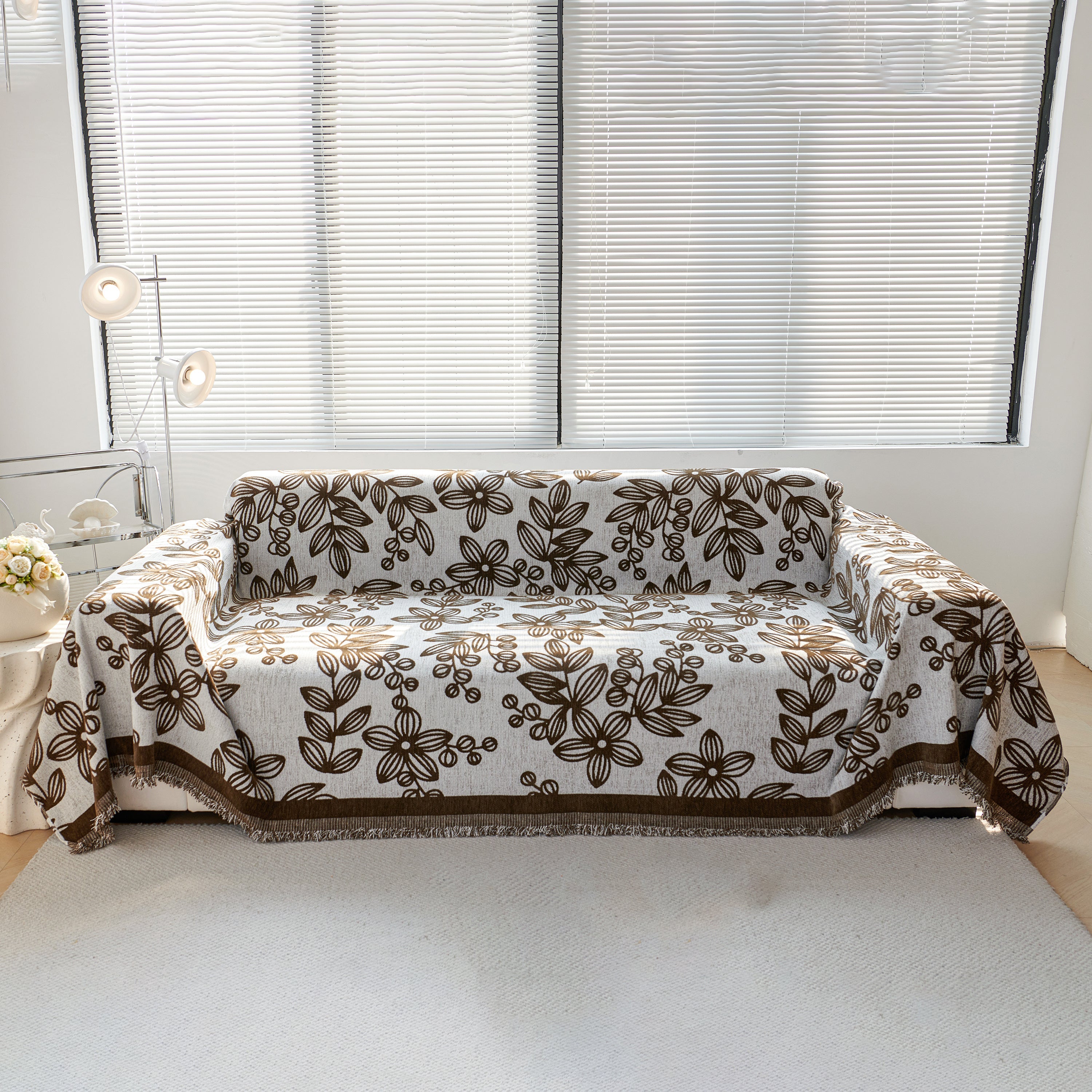 Floral Symphony Couch Throw Cover With Tassel, Chenille Sofa Cover With Leafy Melodies For Sectional