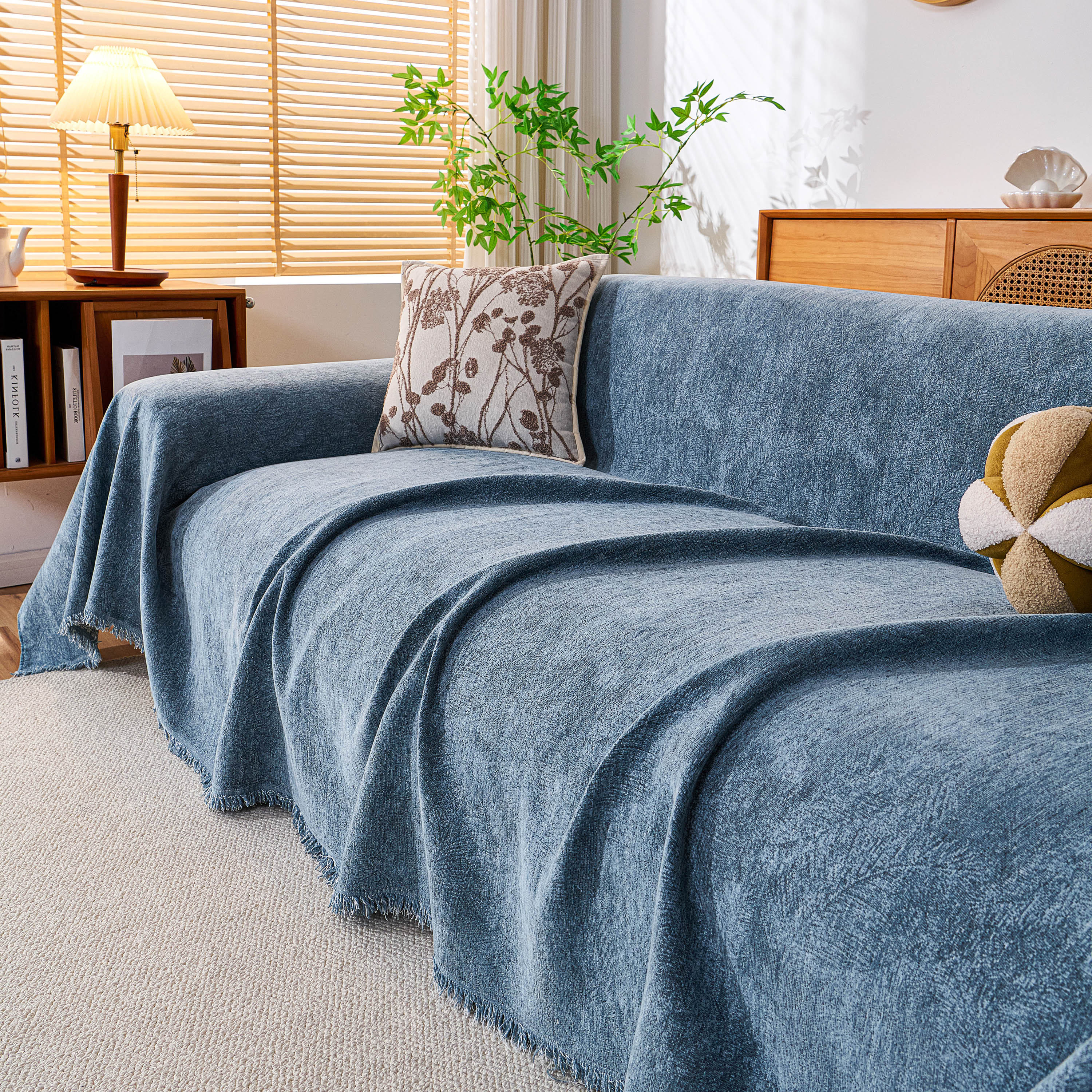 Cozy Textured Couch Protector With Fringe, Universal Soft Slipcover For Couch Sofa Bed