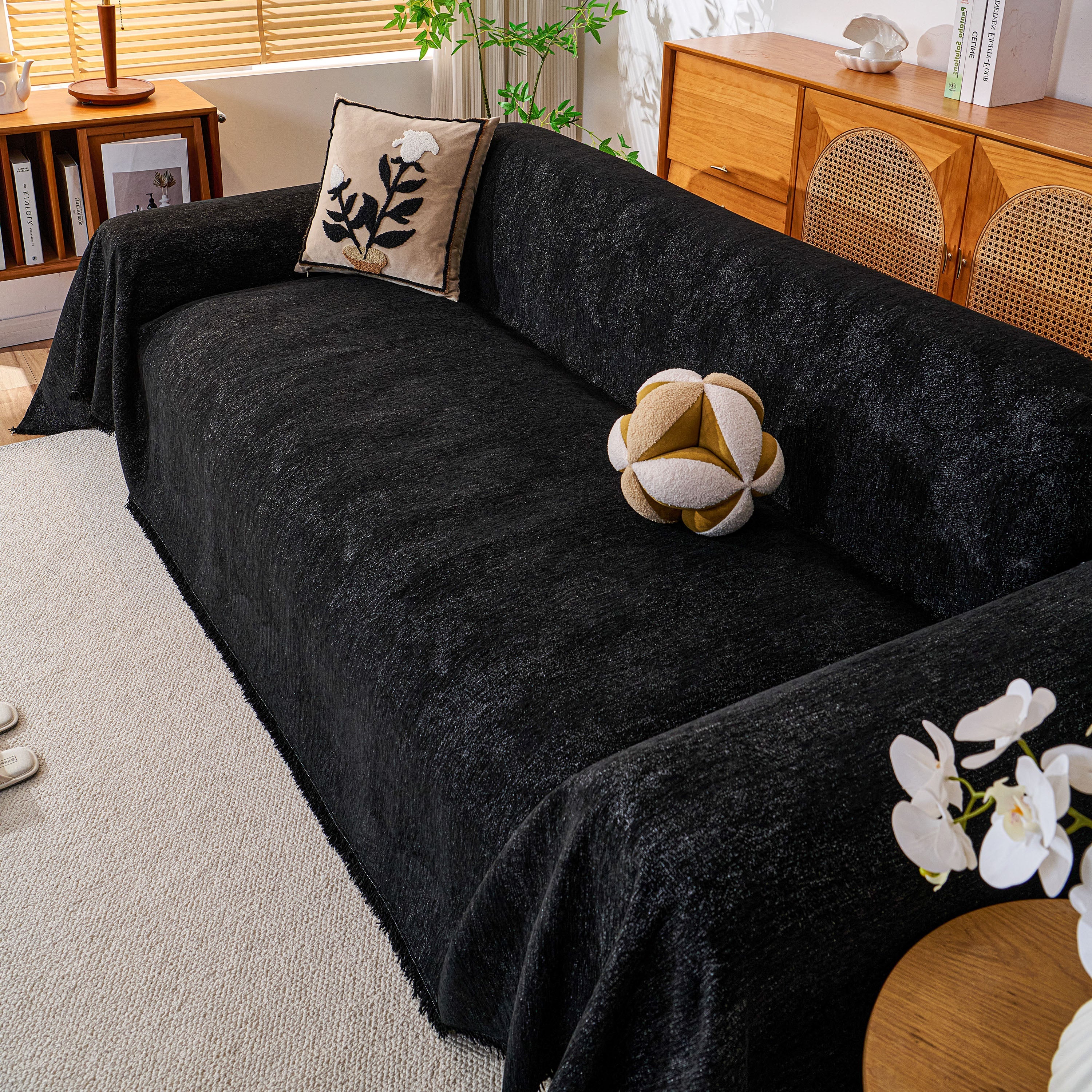 Cozy Textured Couch Protector With Fringe, Universal Soft Slipcover For Couch Sofa Bed