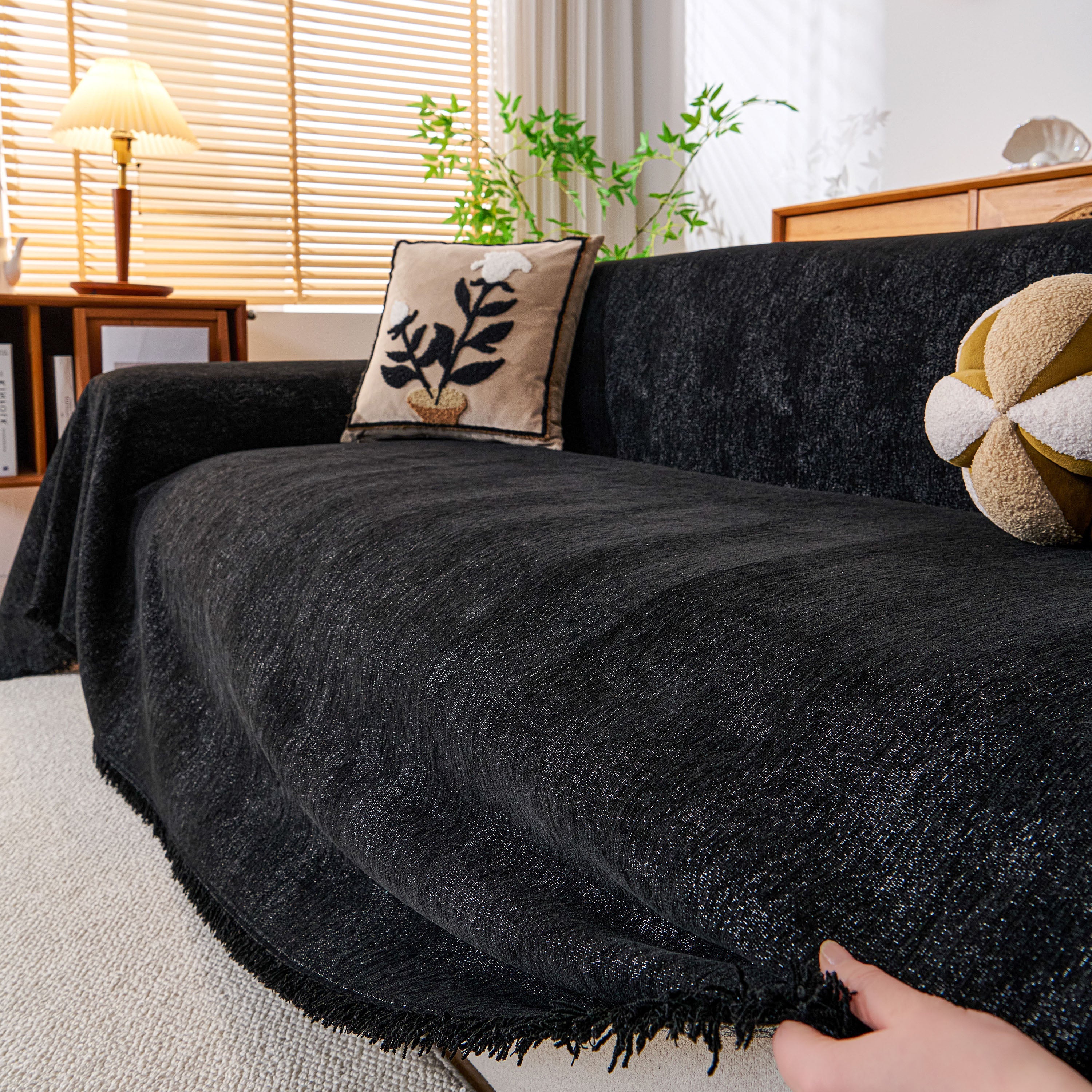 Cozy Textured Couch Protector With Fringe, Universal Soft Slipcover For Couch Sofa Bed
