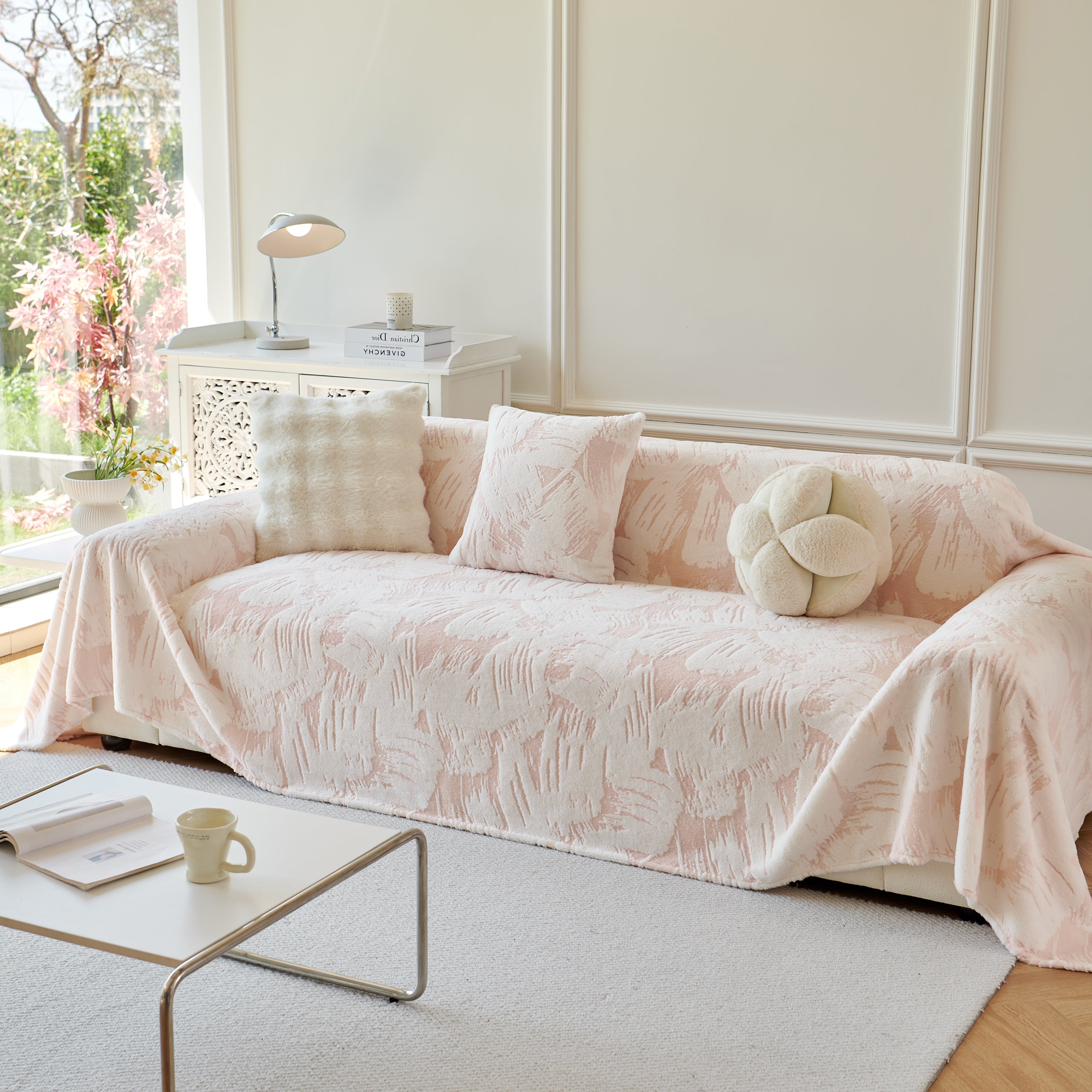 Plush Faux Fur Warm Sofa Cover With Waves Jacquard Textured Throw Blankets For Couch
