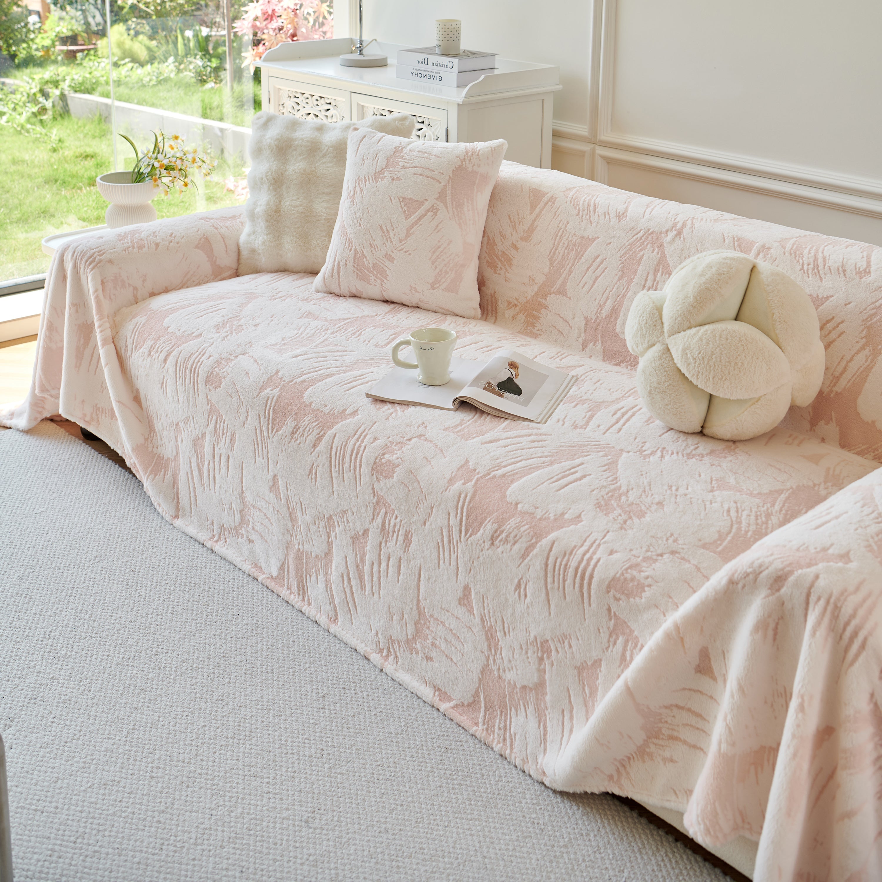 Plush Faux Fur Warm Sofa Cover With Waves Jacquard Textured Throw Blankets For Couch