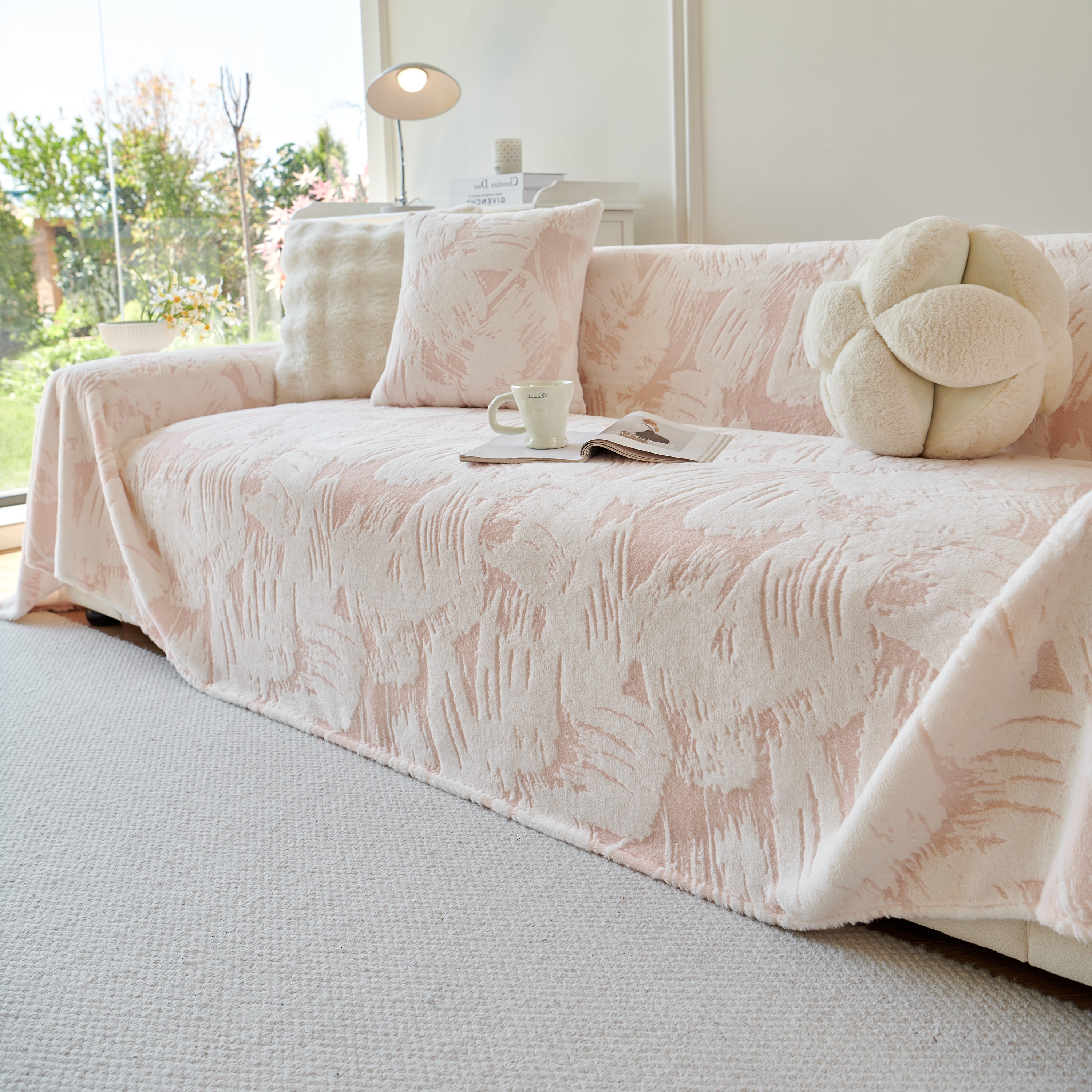 Plush Faux Fur Warm Sofa Cover With Waves Jacquard Textured Throw Blankets For Couch