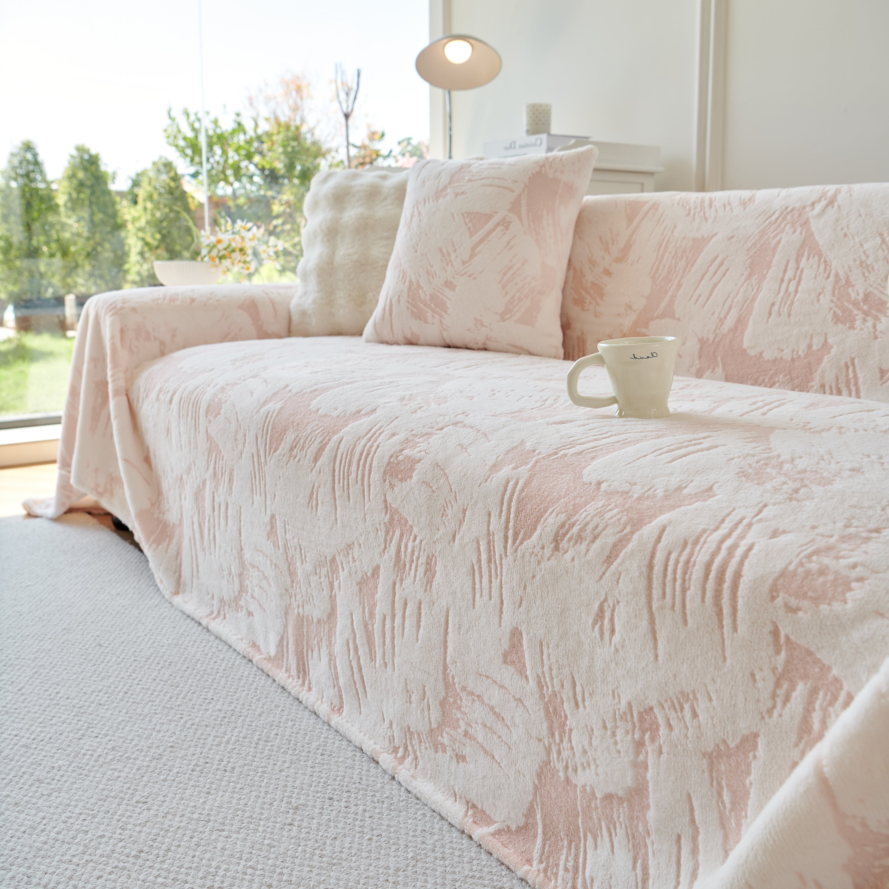 Plush Faux Fur Warm Sofa Cover With Waves Jacquard Textured Throw Blankets For Couch