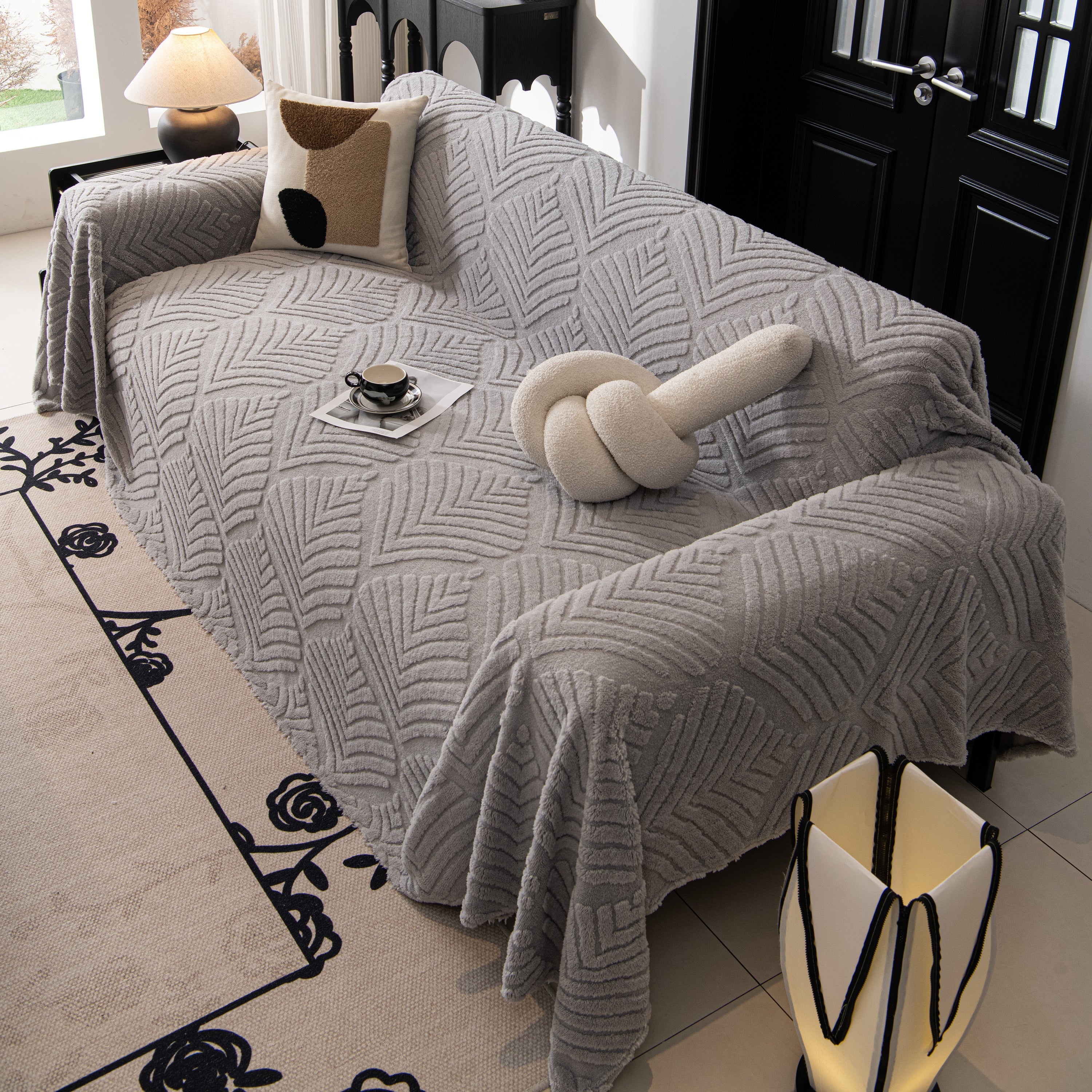 Winter Soft Plush Fleece Sofa Blanket Leaves Jacquard Couch Covers For Couches