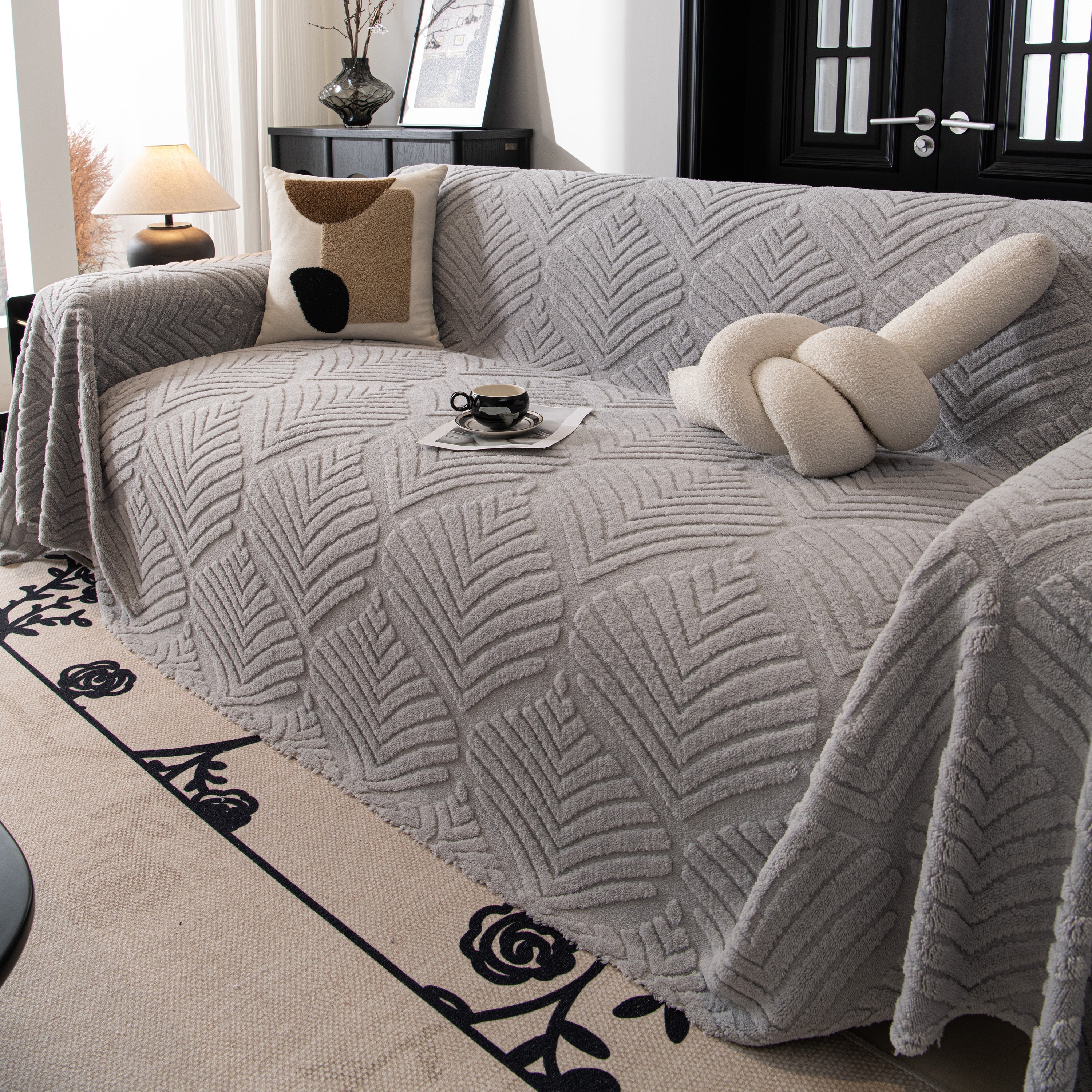 Winter Soft Plush Fleece Sofa Blanket Leaves Jacquard Couch Covers For Couches