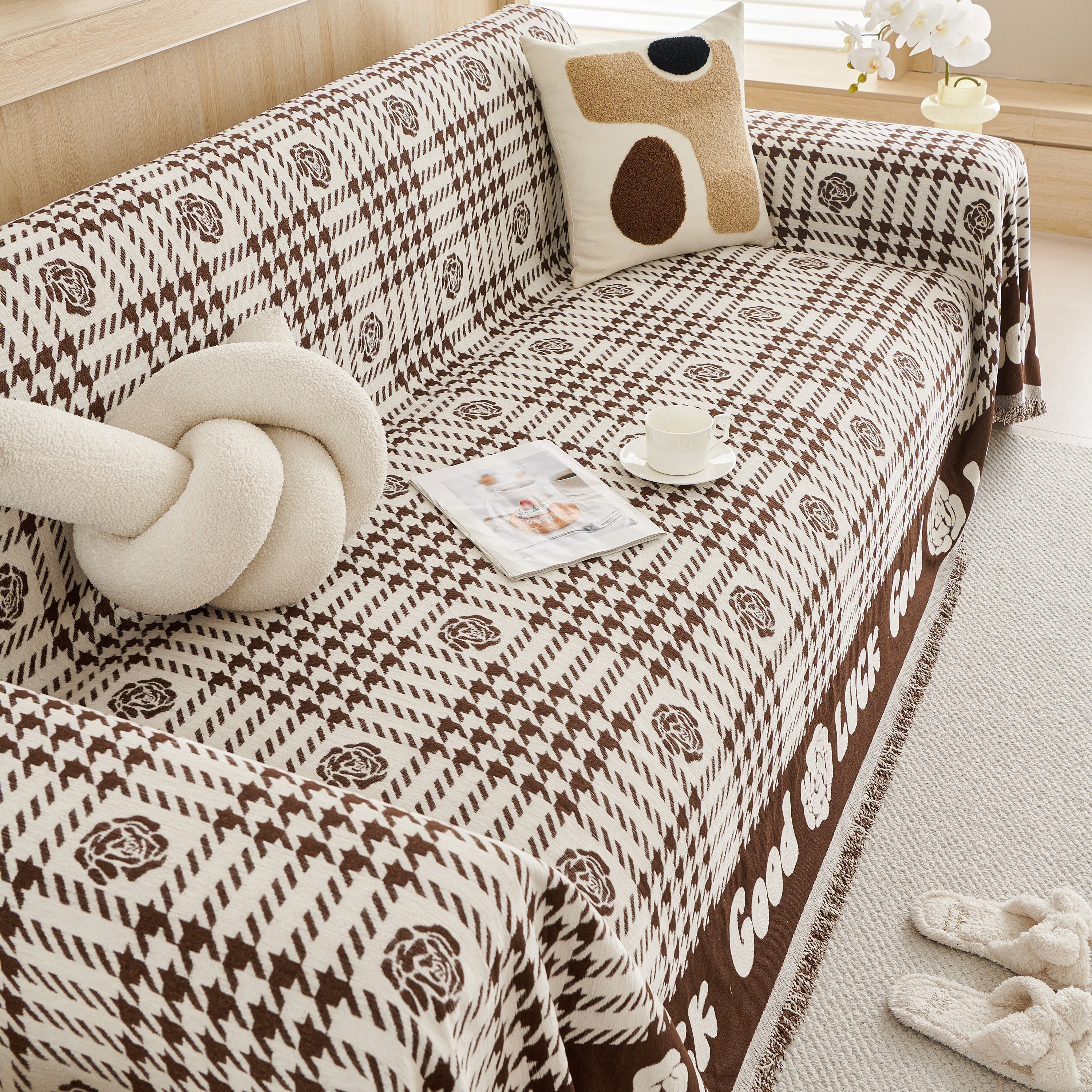Chenille Houndstooth Sofa Throw Cover, Scratch Proof Cozy Throw Blankets For Couch