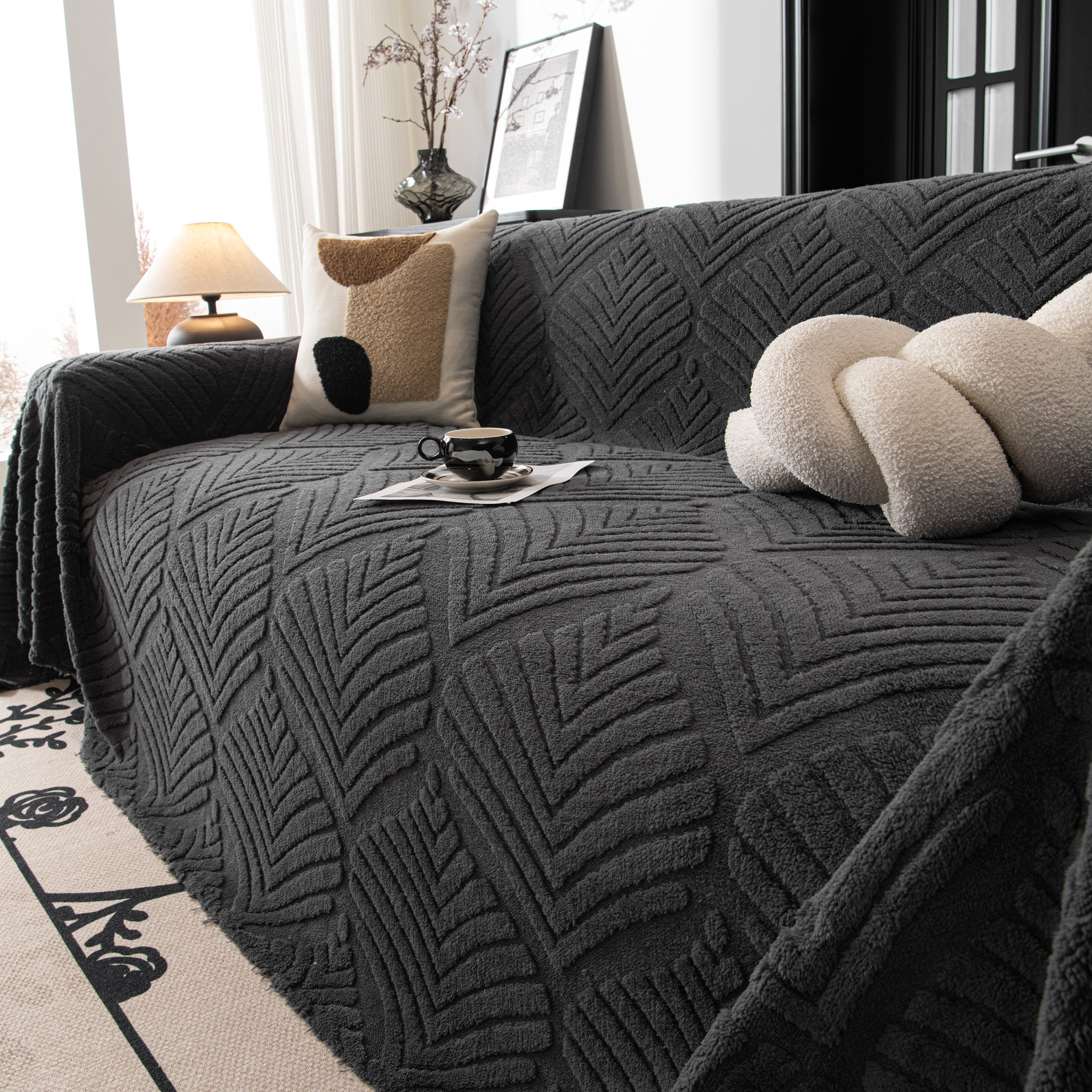 Winter Soft Plush Fleece Sofa Blanket Leaves Jacquard Couch Covers For Couches