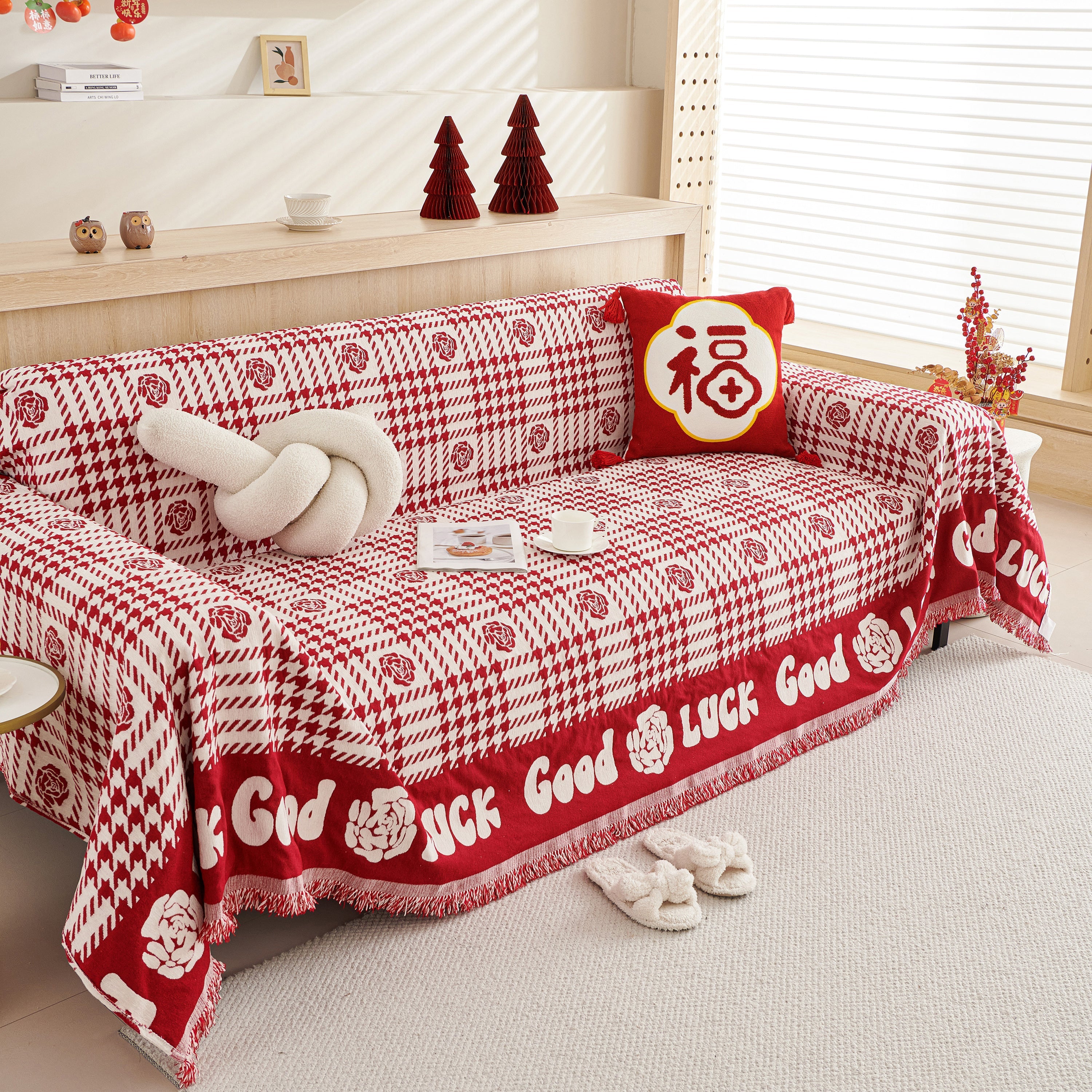 Chenille Houndstooth Sofa Throw Cover, Scratch Proof Cozy Throw Blankets For Couch