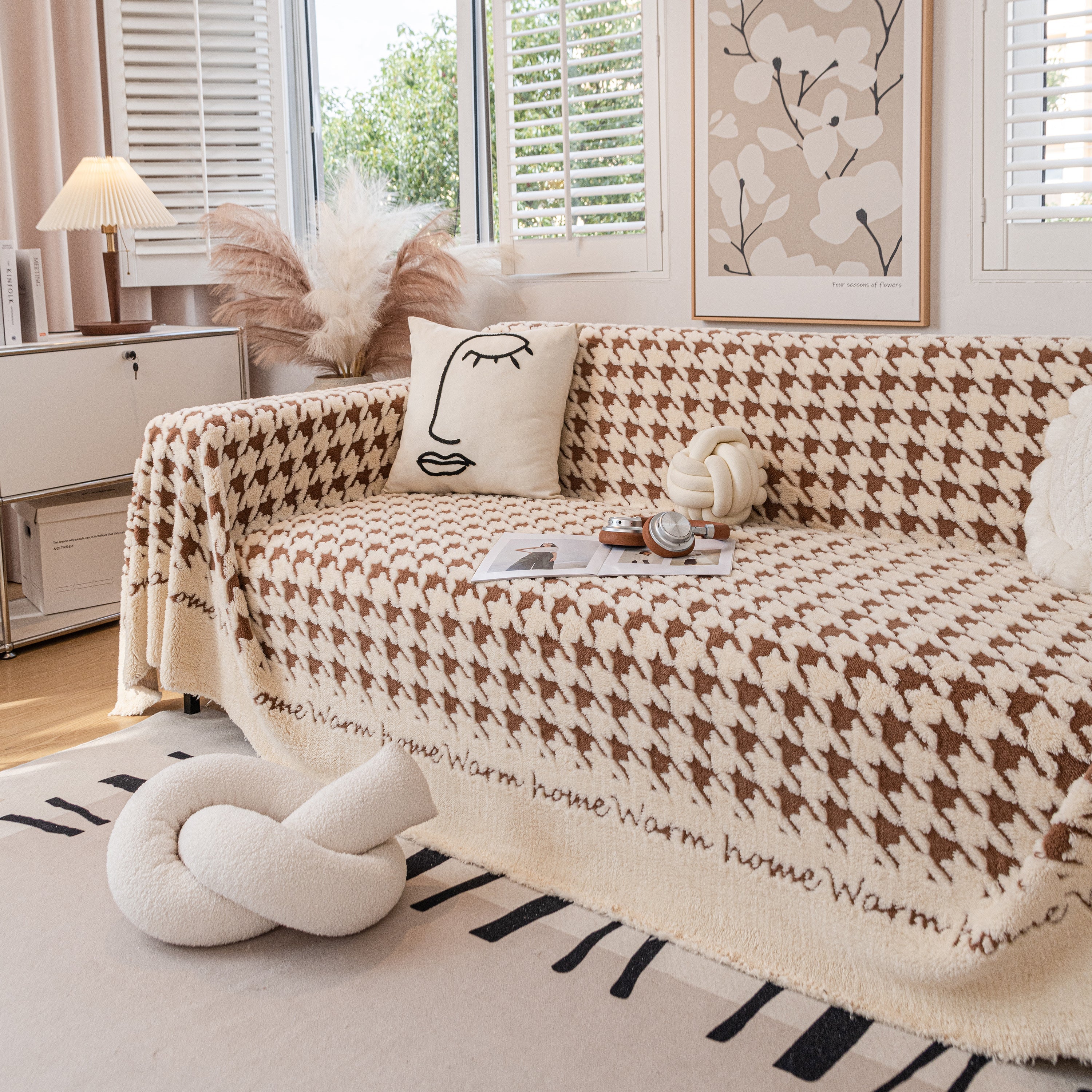 Jacquard Plush Houndstooth Sofa Throw Cover, Cover Throws For Sofas, Stylish Living Room Throws