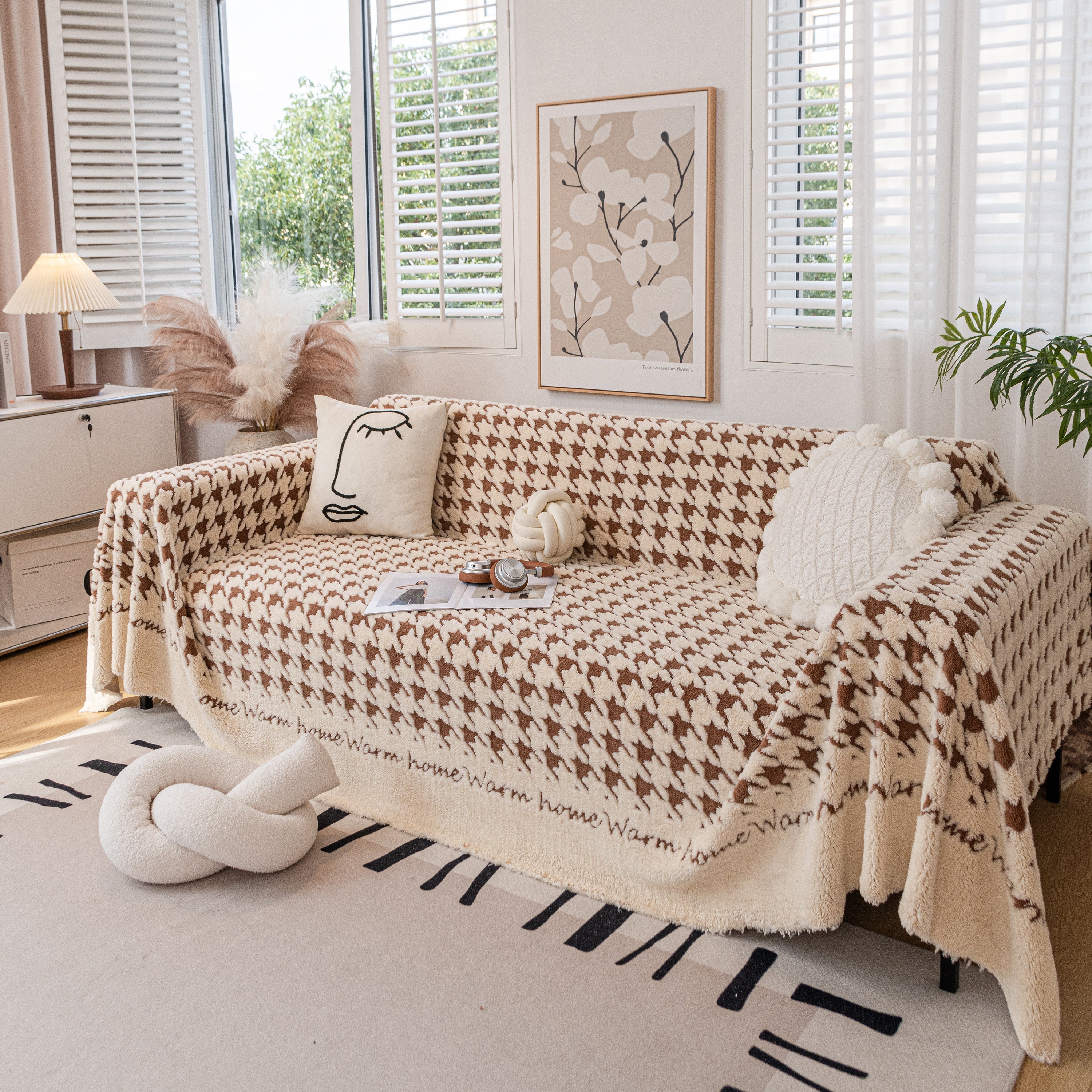 Jacquard Plush Houndstooth Sofa Throw Cover, Cover Throws For Sofas, Stylish Living Room Throws