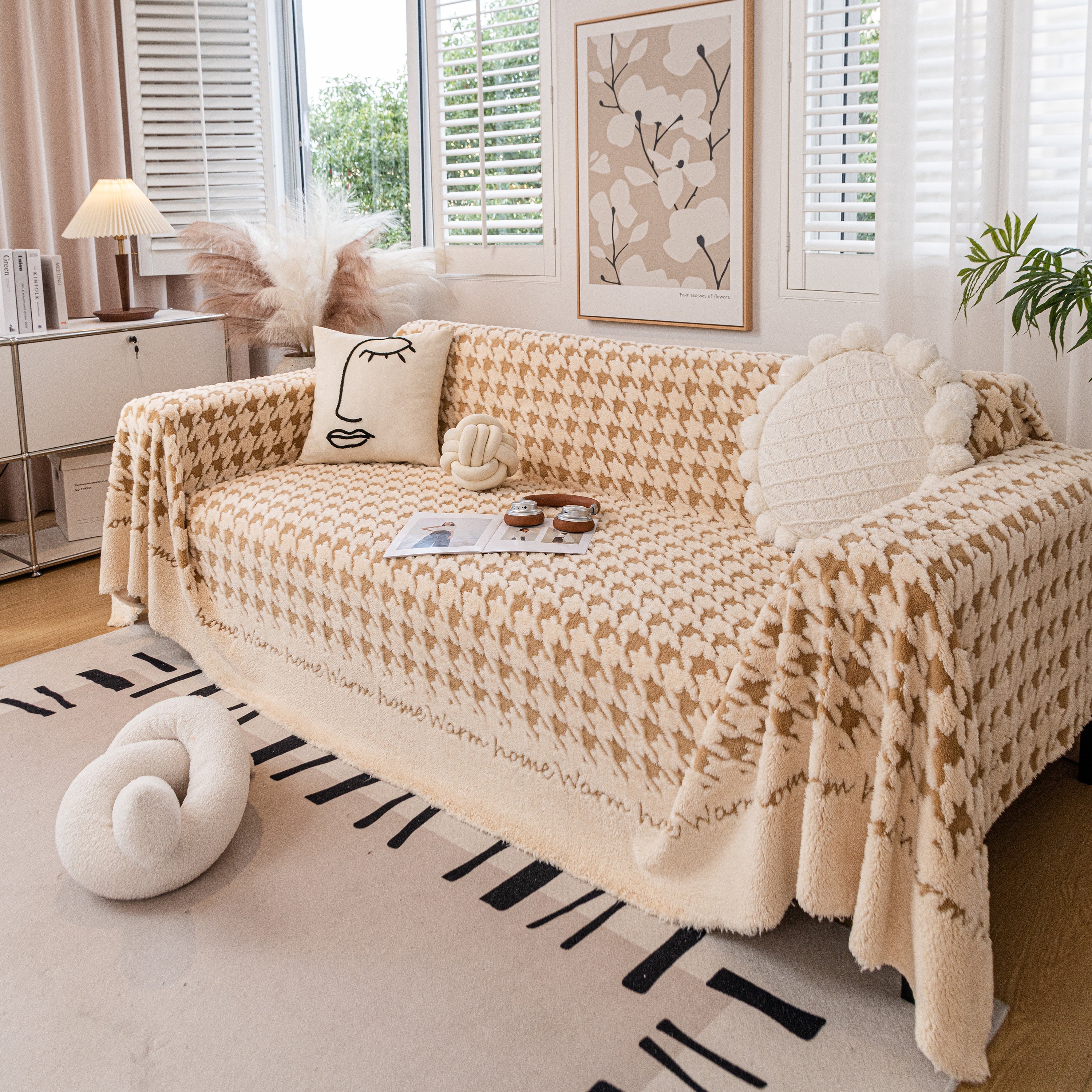 Jacquard Plush Houndstooth Sofa Throw Cover, Cover Throws For Sofas, Stylish Living Room Throws