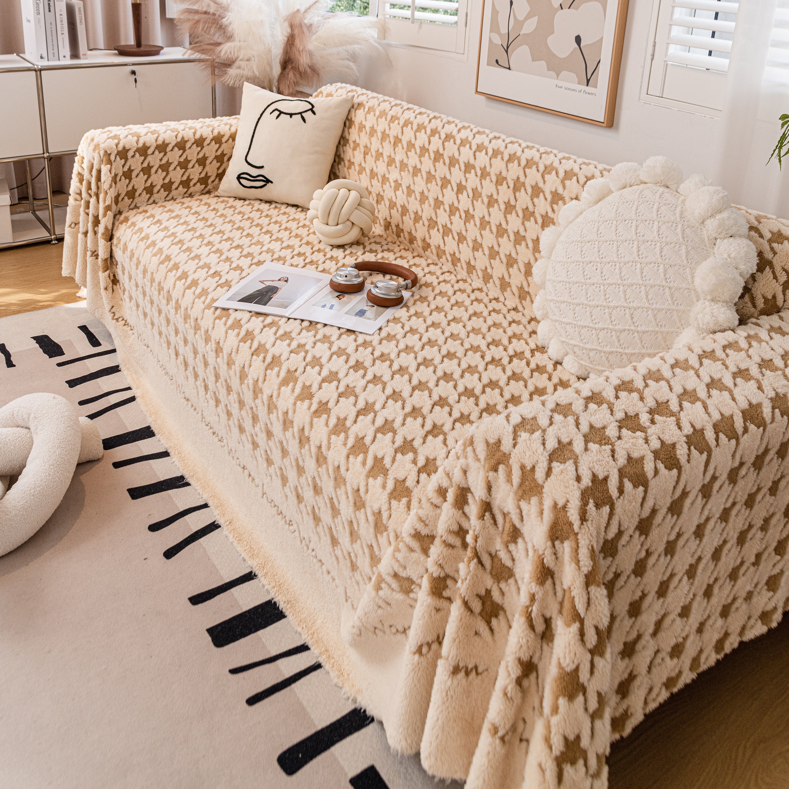 Jacquard Plush Houndstooth Sofa Throw Cover, Cover Throws For Sofas, Stylish Living Room Throws