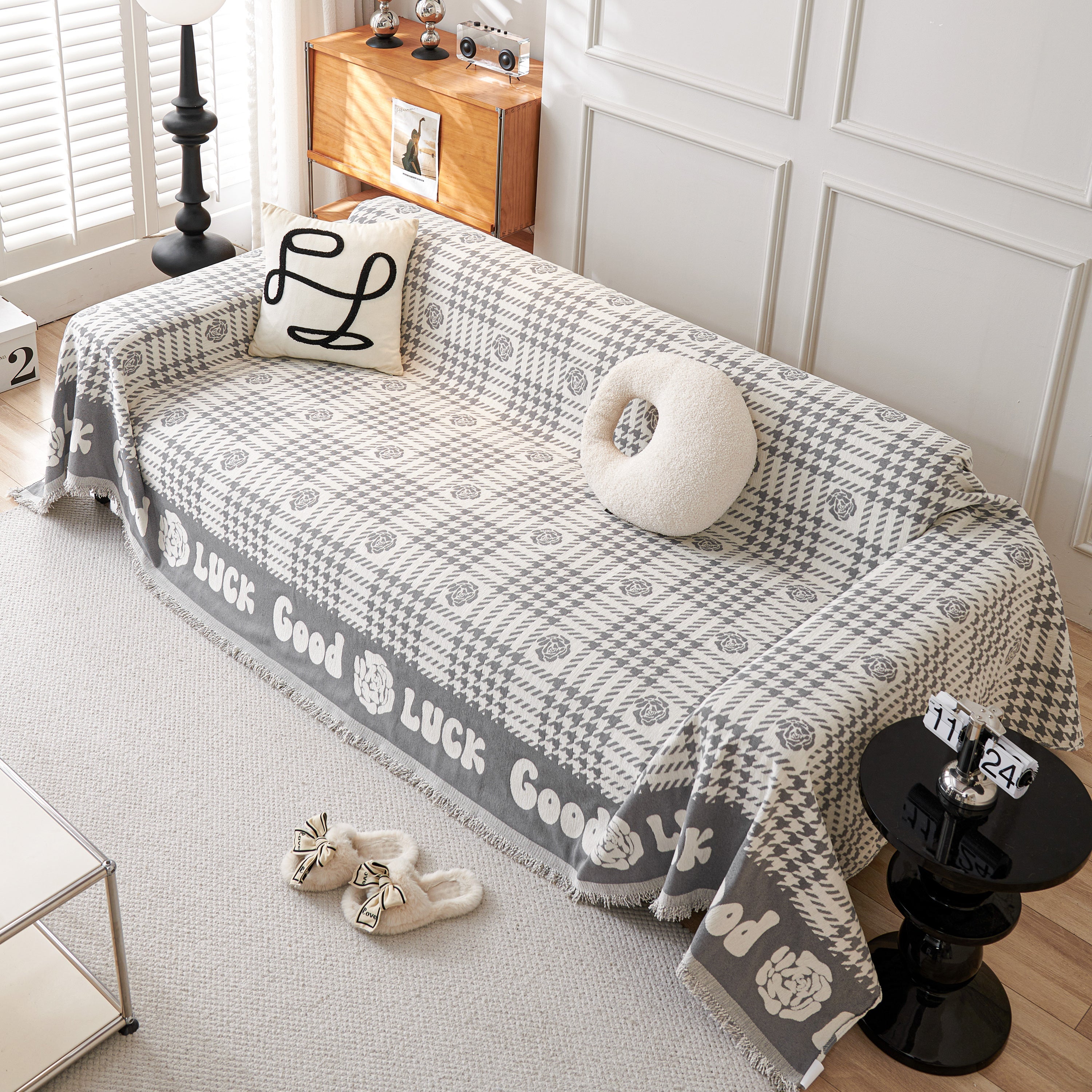 Chenille Houndstooth Sofa Throw Cover, Scratch Proof Cozy Throw Blankets For Couch