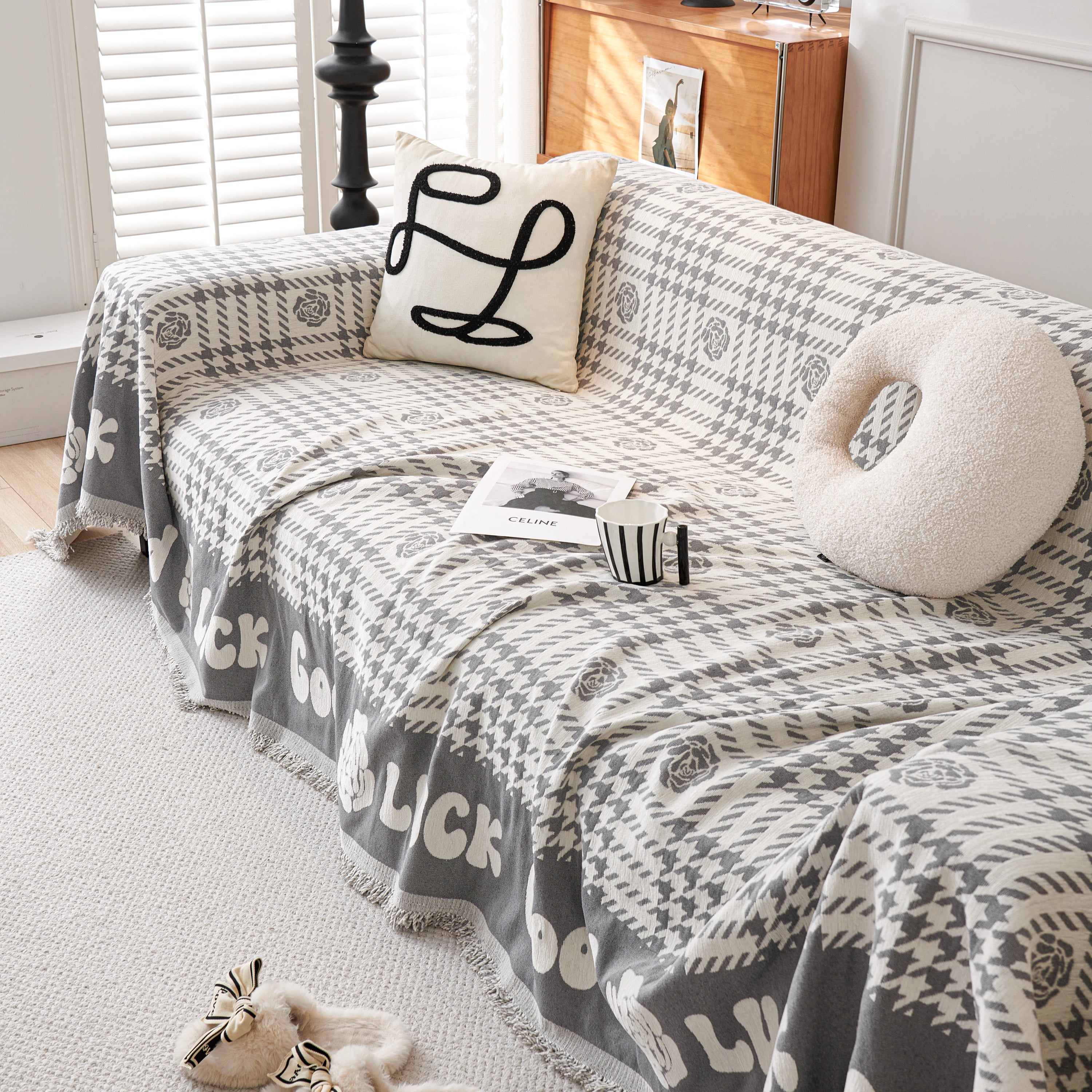 Chenille Houndstooth Sofa Throw Cover, Scratch Proof Cozy Throw Blankets For Couch