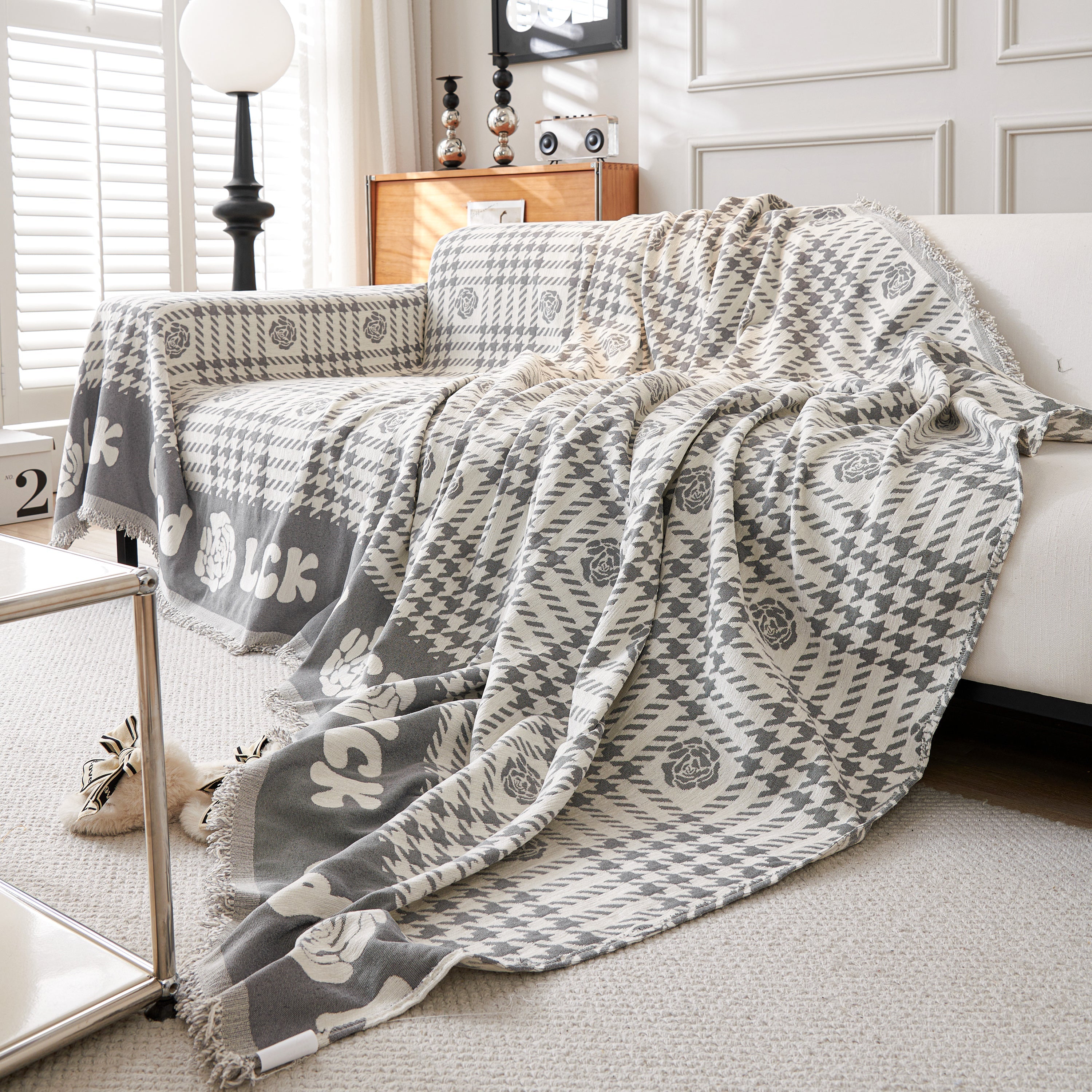 Chenille Houndstooth Sofa Throw Cover, Scratch Proof Cozy Throw Blankets For Couch