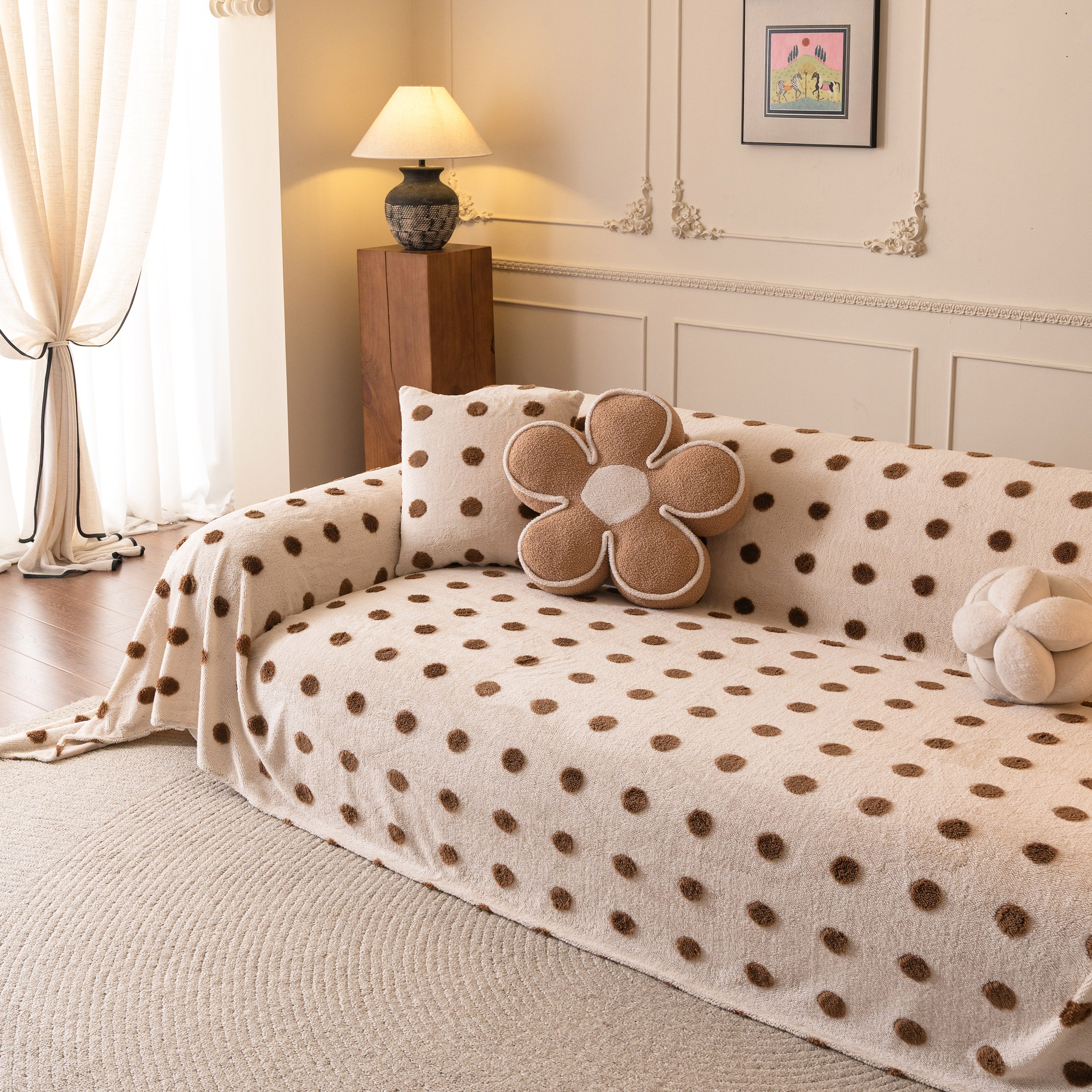 Plush Fleece Sofa Cover Throw, Soft Textured Polka Dot Couch Protector Blanket For Pets