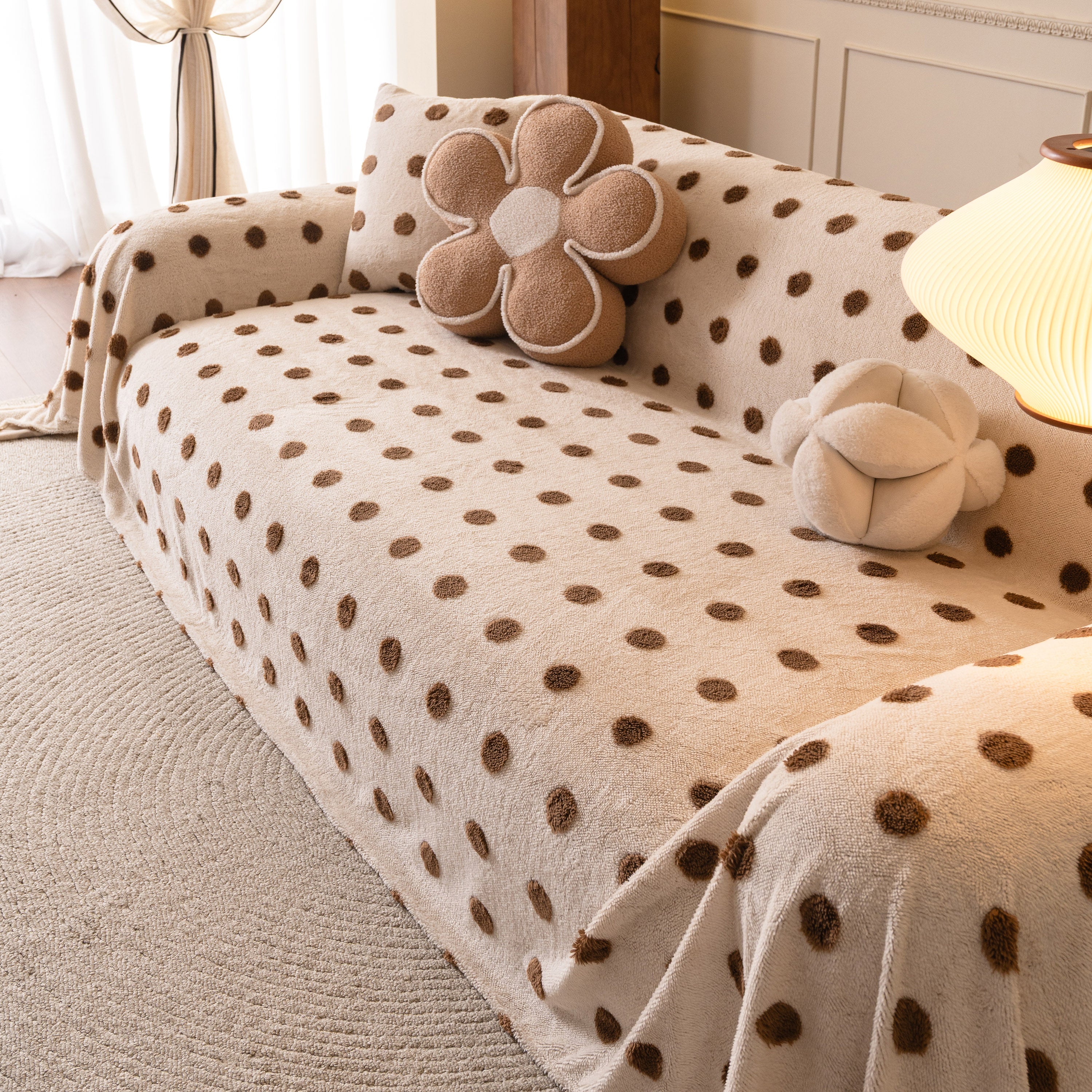 Plush Fleece Sofa Cover Throw, Soft Textured Polka Dot Couch Protector Blanket For Pets