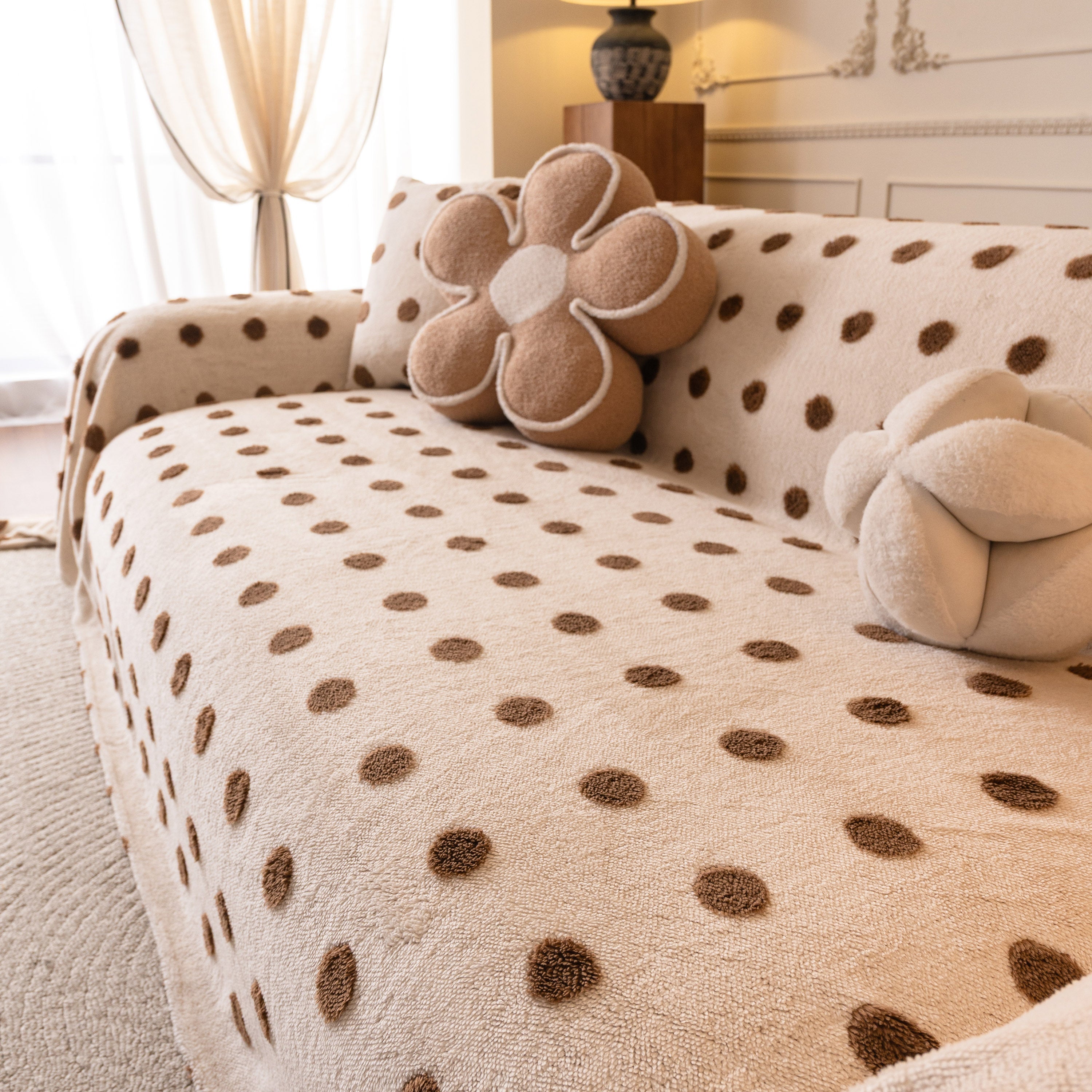 Plush Fleece Sofa Cover Throw, Soft Textured Polka Dot Couch Protector Blanket For Pets