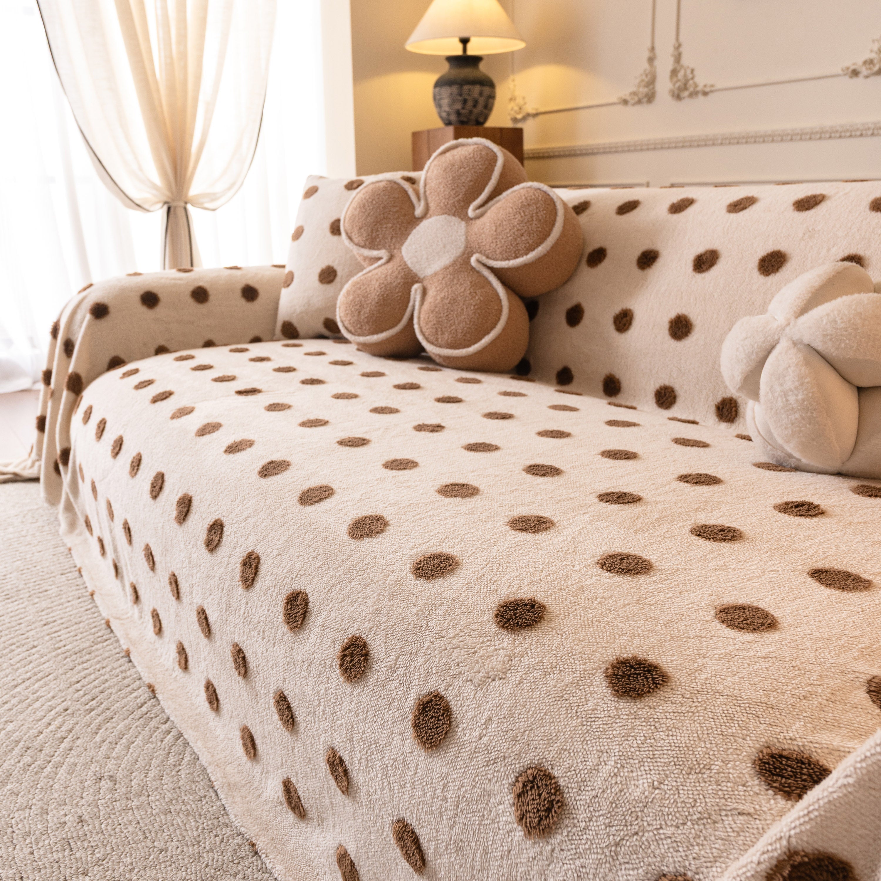 Plush Fleece Sofa Cover Throw, Soft Textured Polka Dot Couch Protector Blanket For Pets