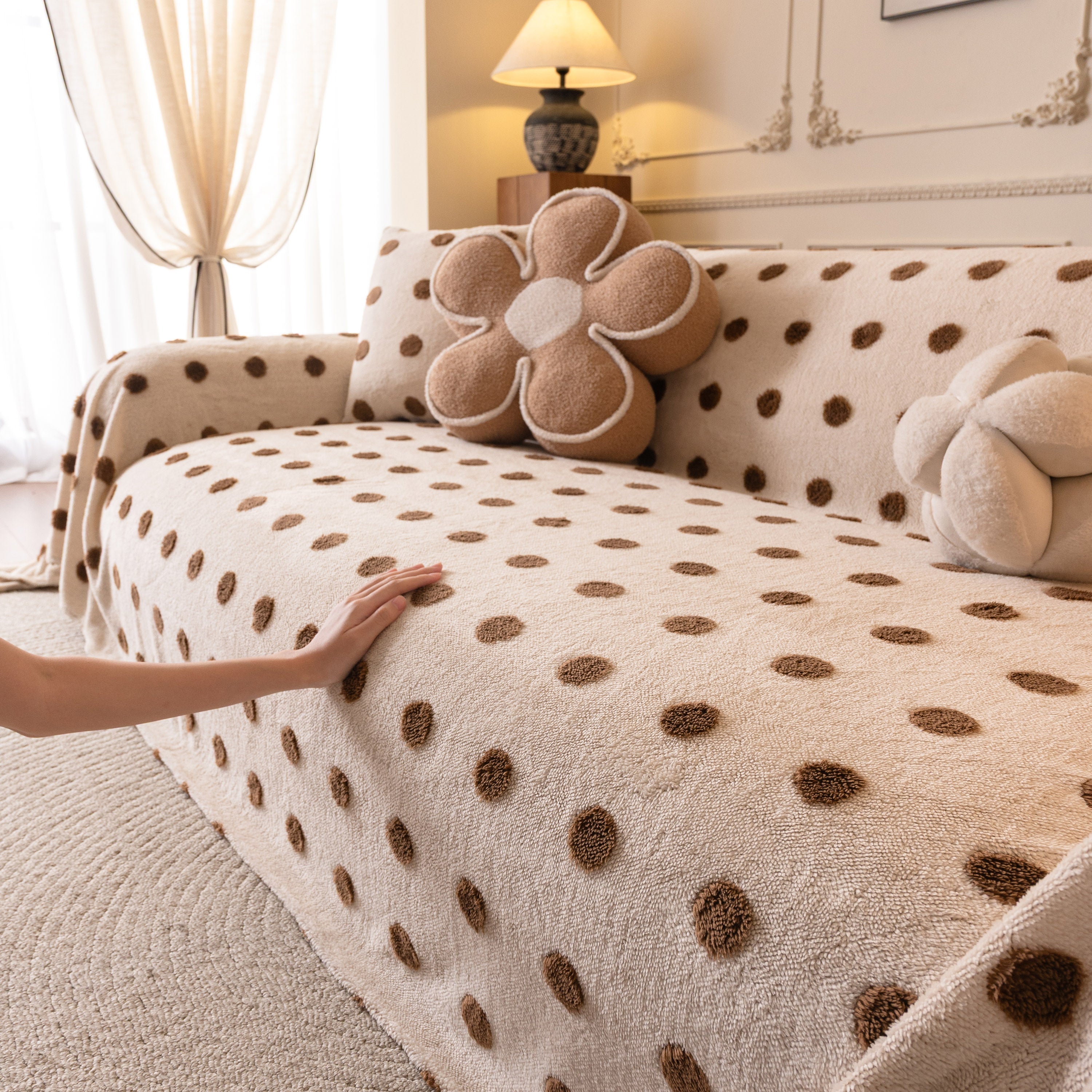 Plush Fleece Sofa Cover Throw, Soft Textured Polka Dot Couch Protector Blanket For Pets