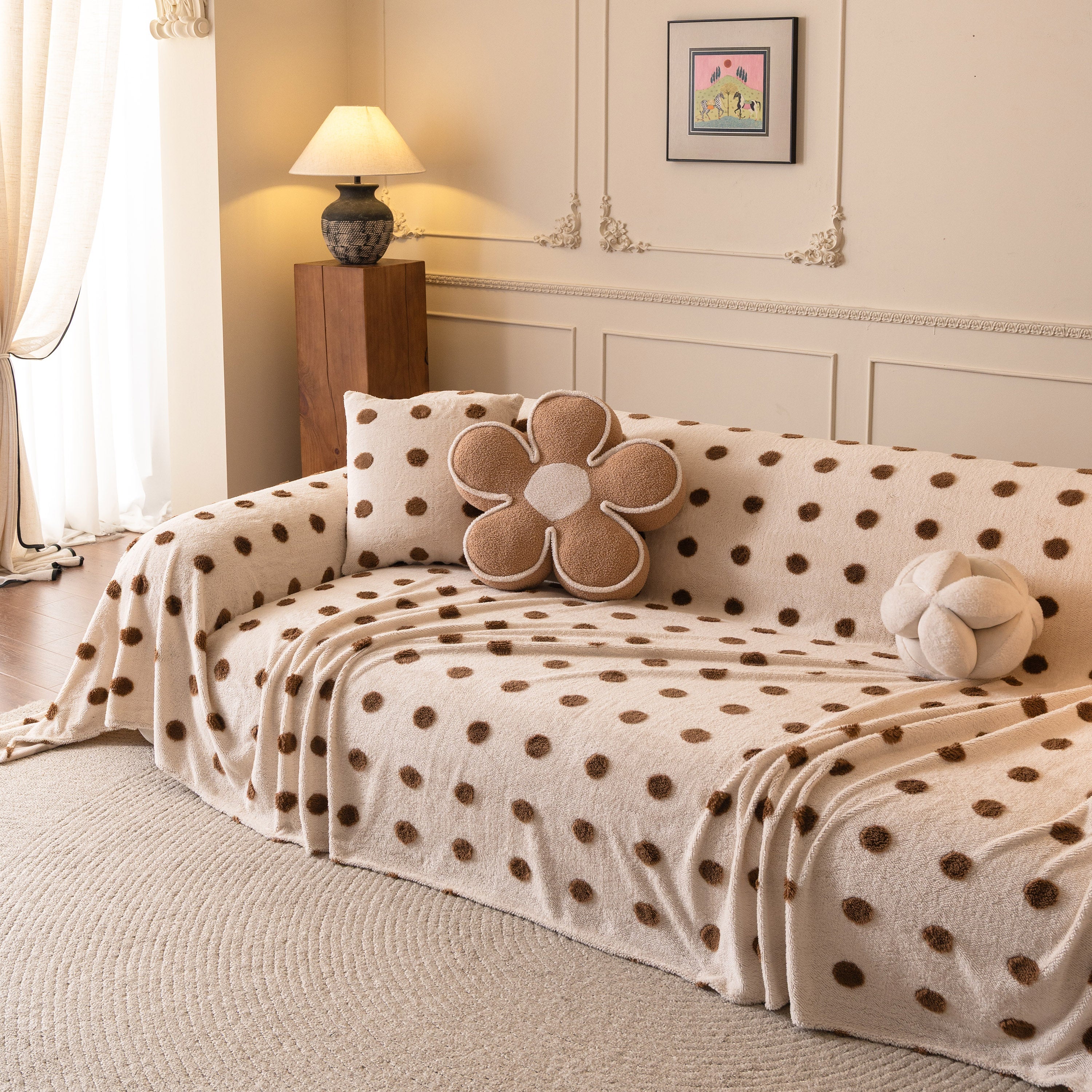 Plush Fleece Sofa Cover Throw, Soft Textured Polka Dot Couch Protector Blanket For Pets