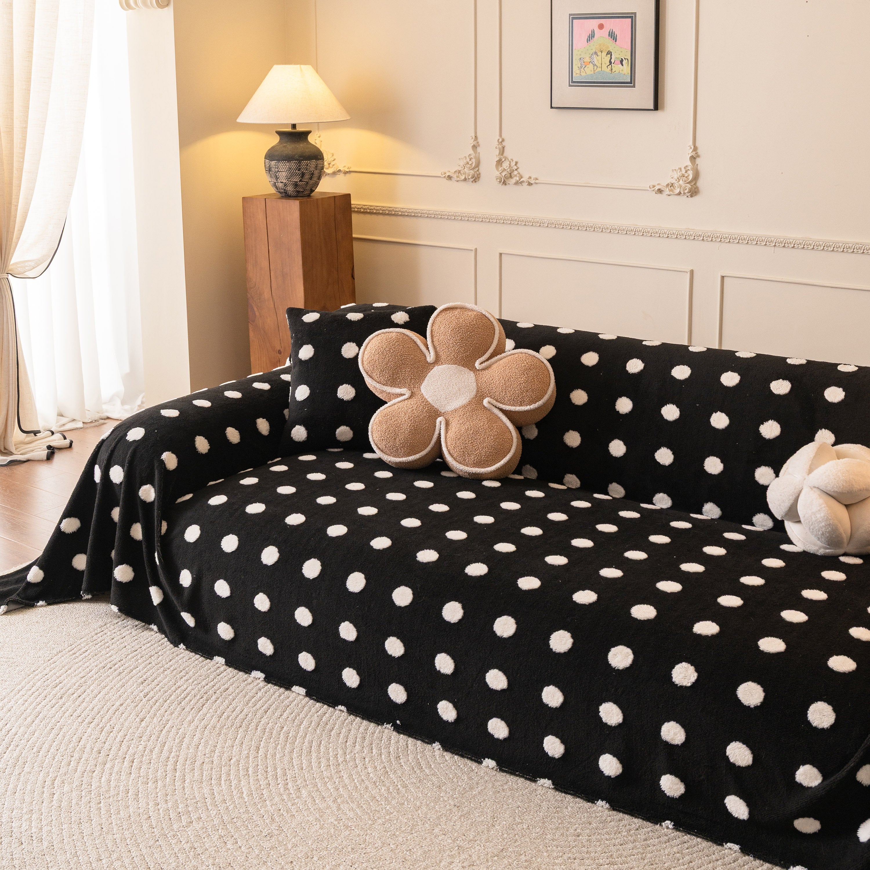 Plush Fleece Sofa Cover Throw, Soft Textured Polka Dot Couch Protector Blanket For Pets