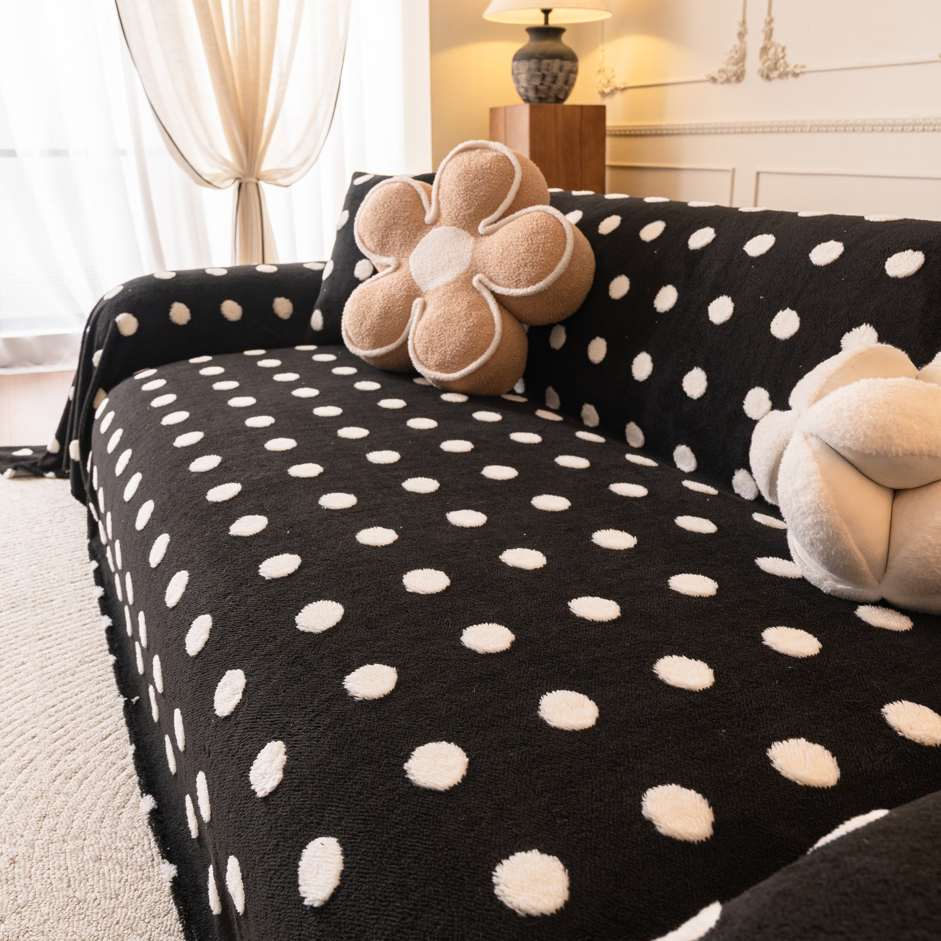 Plush Fleece Sofa Cover Throw, Soft Textured Polka Dot Couch Protector Blanket For Pets