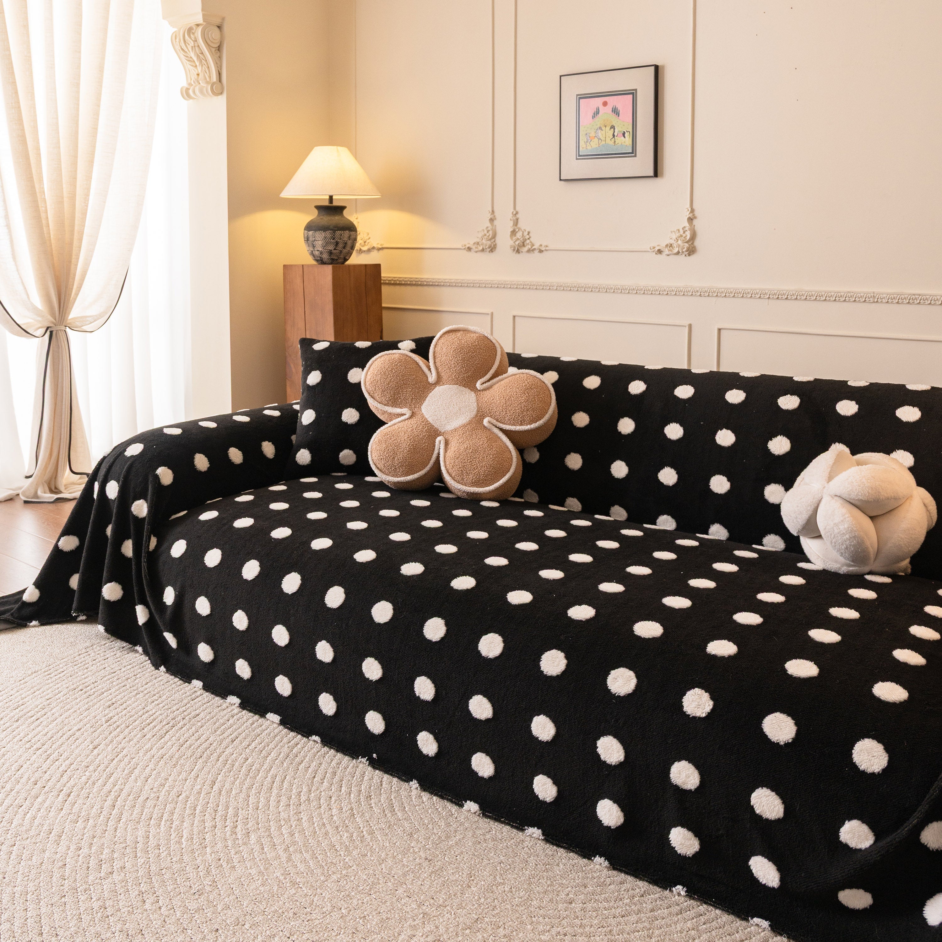 Plush Fleece Sofa Cover Throw, Soft Textured Polka Dot Couch Protector Blanket For Pets