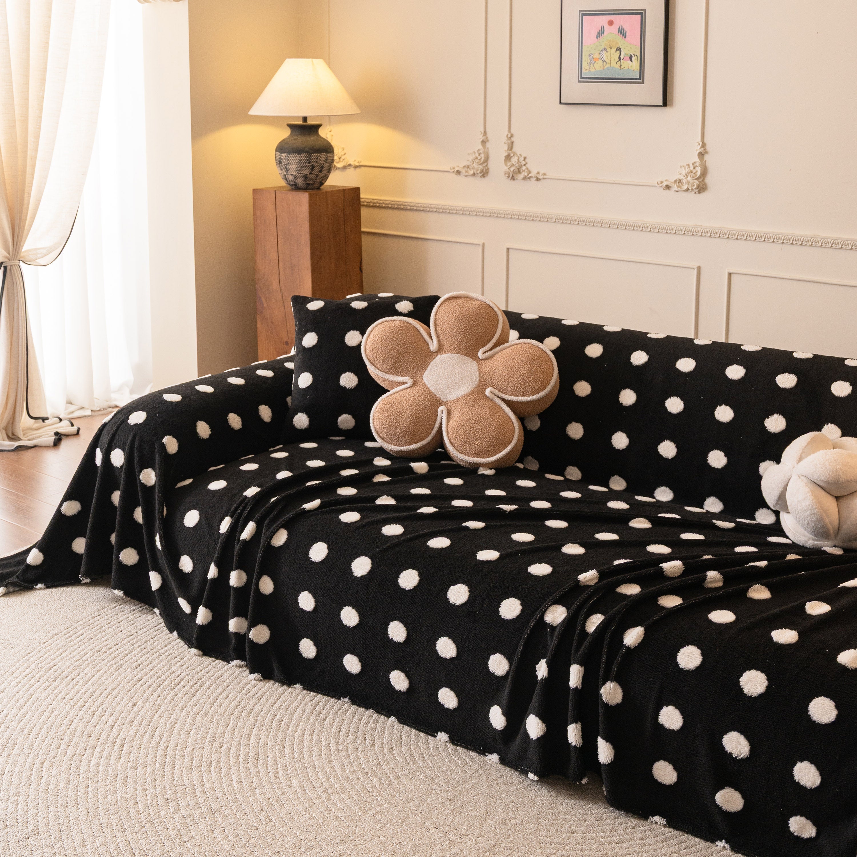 Plush Fleece Sofa Cover Throw, Soft Textured Polka Dot Couch Protector Blanket For Pets
