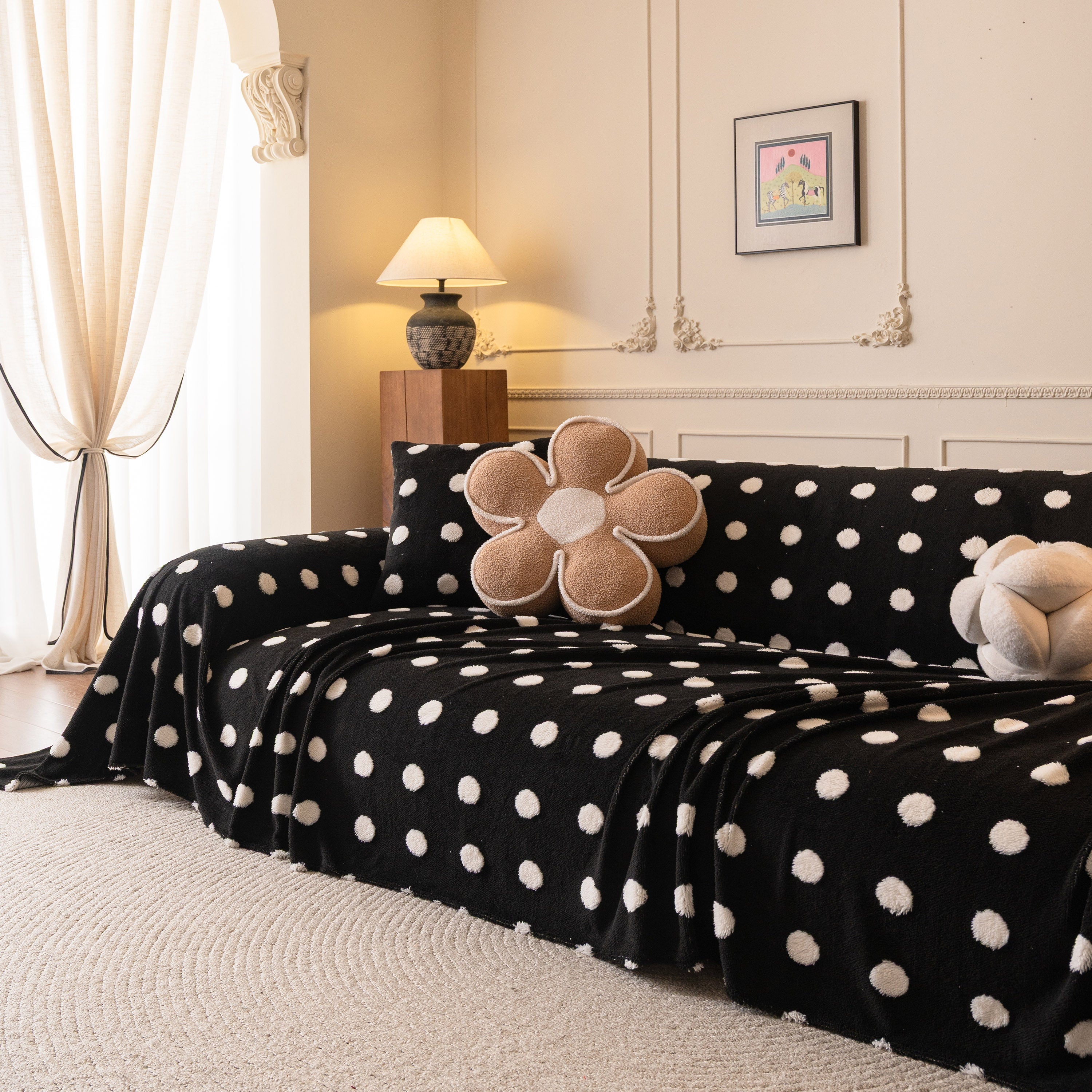 Plush Fleece Sofa Cover Throw, Soft Textured Polka Dot Couch Protector Blanket For Pets