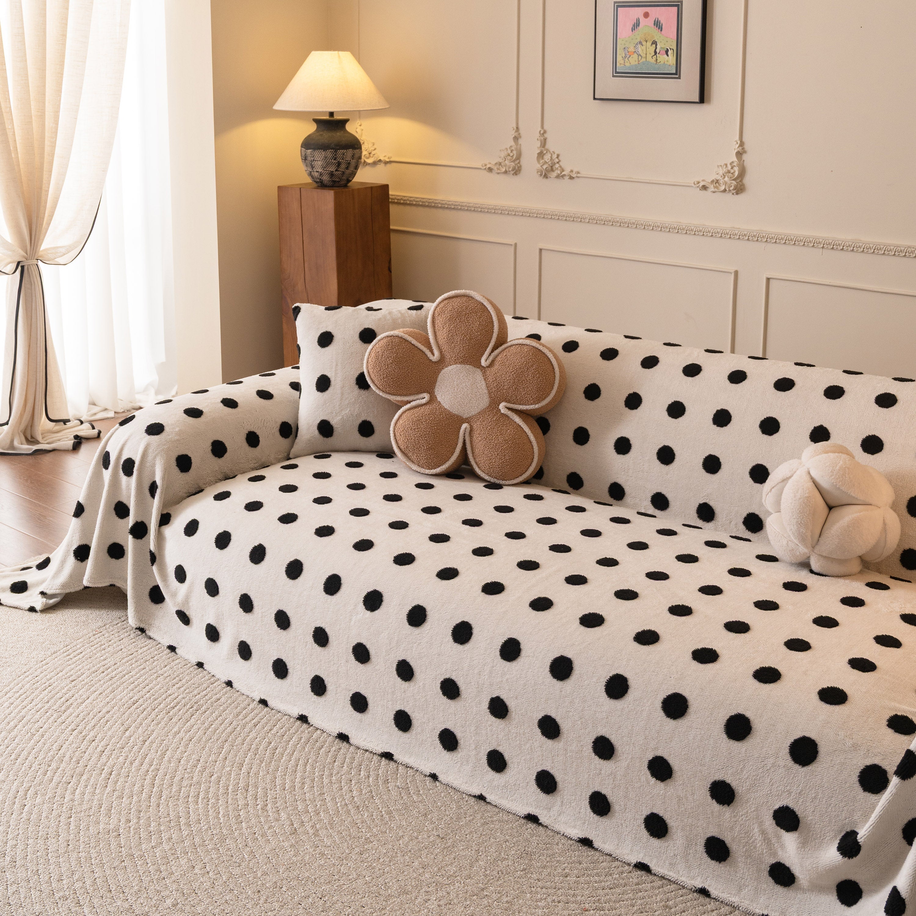 Plush Fleece Sofa Cover Throw, Soft Textured Polka Dot Couch Protector Blanket For Pets