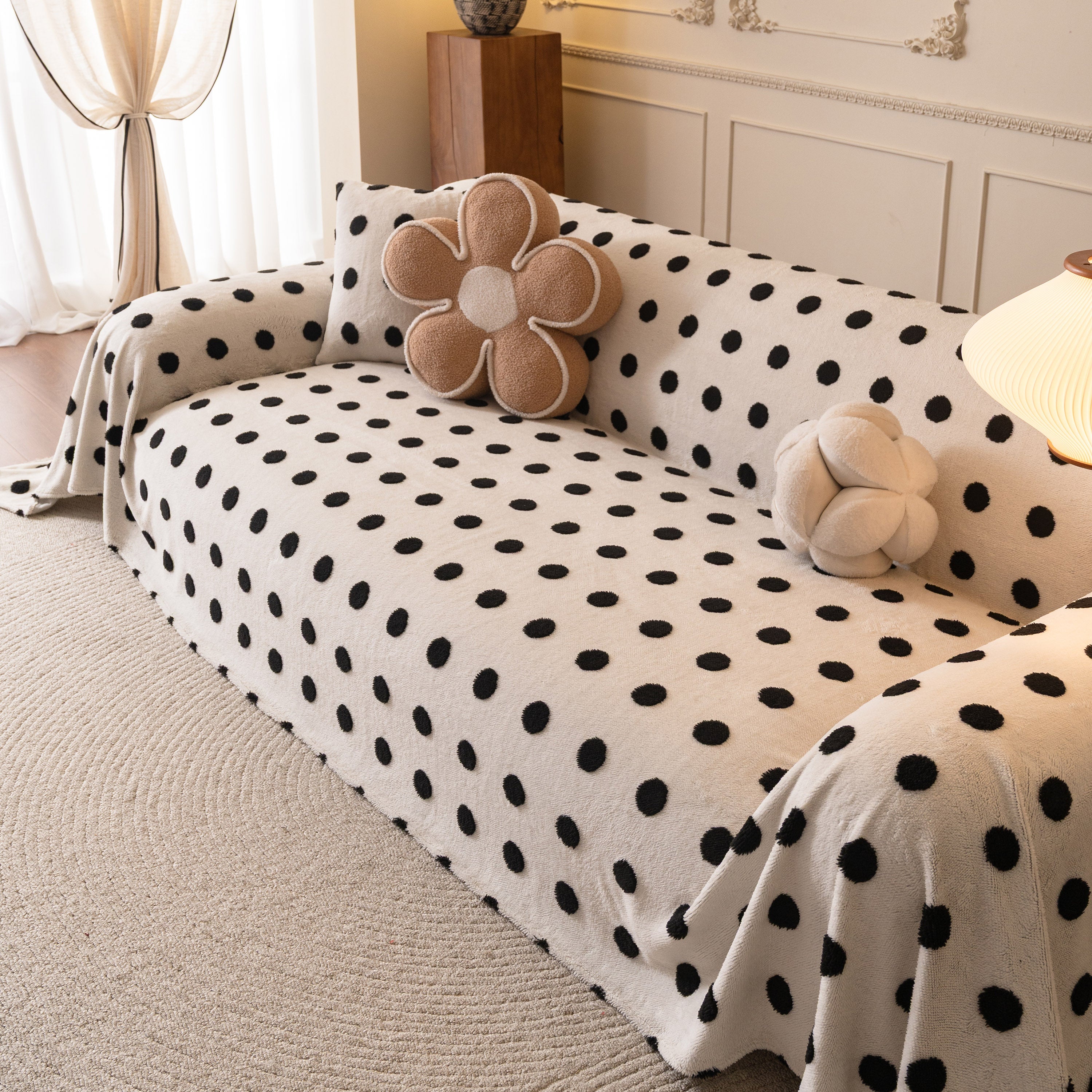 Plush Fleece Sofa Cover Throw, Soft Textured Polka Dot Couch Protector Blanket For Pets