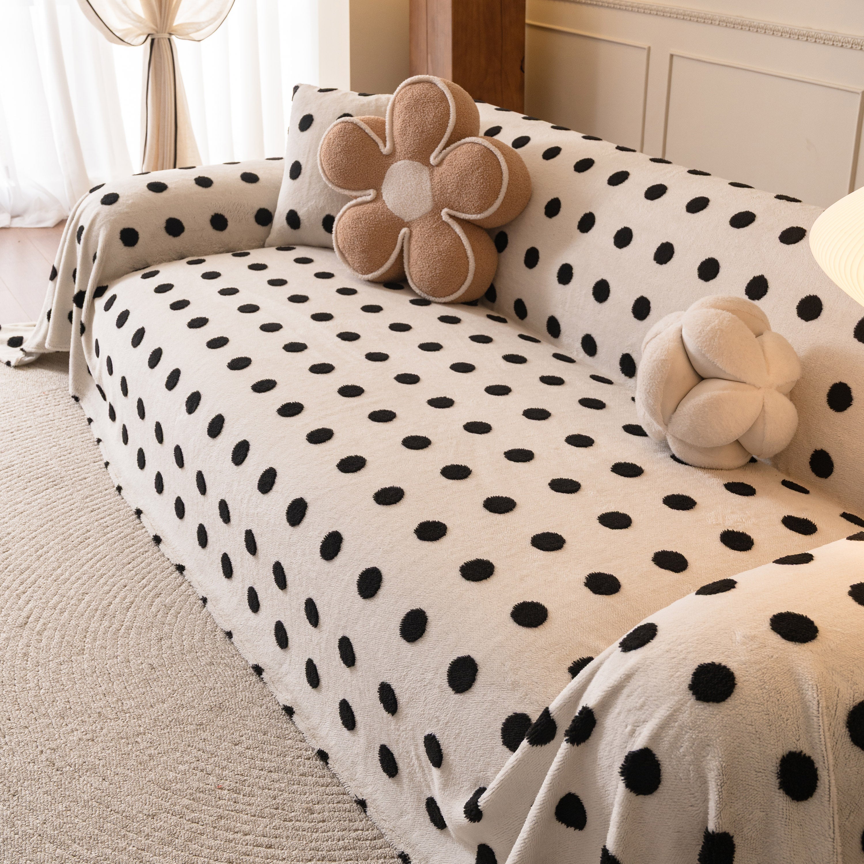 Plush Fleece Sofa Cover Throw, Soft Textured Polka Dot Couch Protector Blanket For Pets