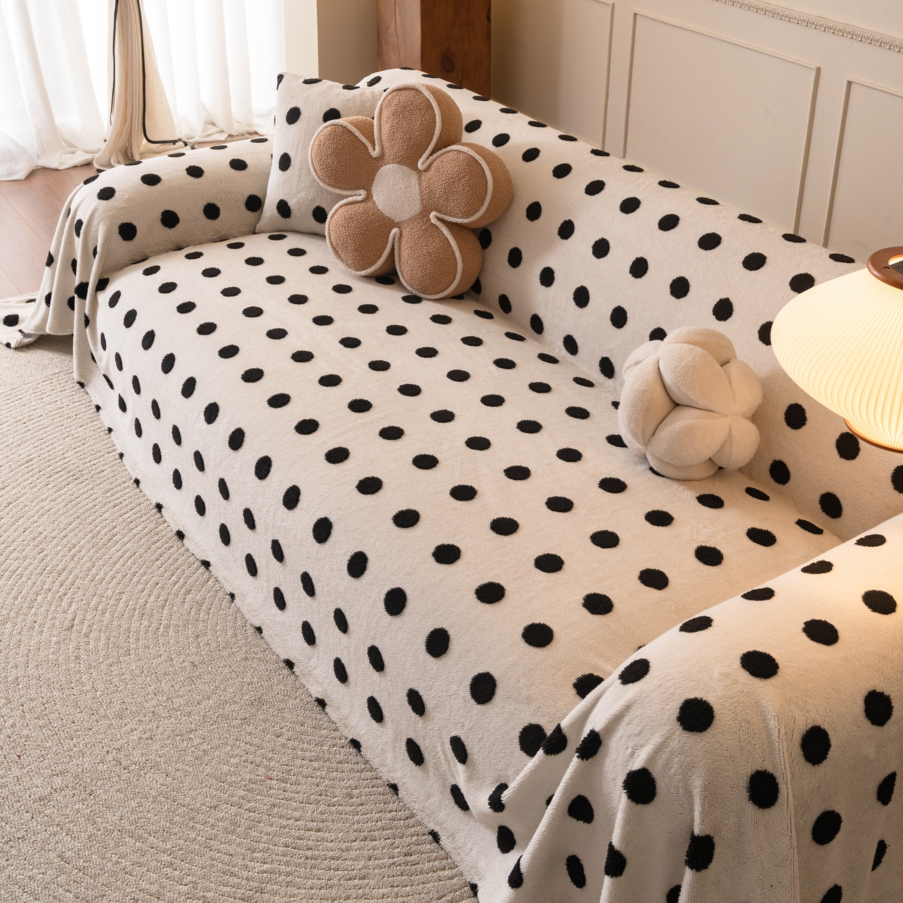 Plush Fleece Sofa Cover Throw, Soft Textured Polka Dot Couch Protector Blanket For Pets