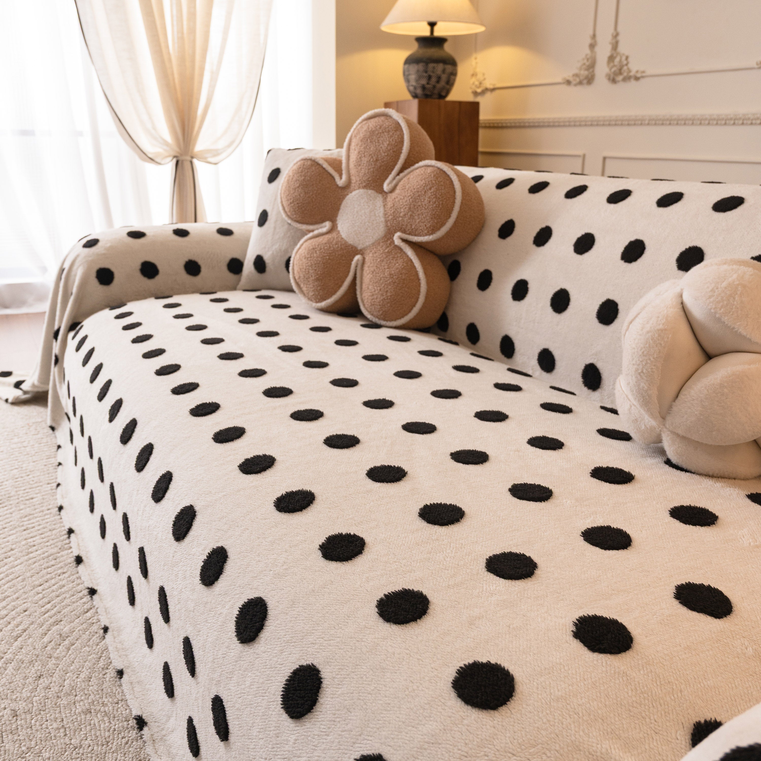 Plush Fleece Sofa Cover Throw, Soft Textured Polka Dot Couch Protector Blanket For Pets