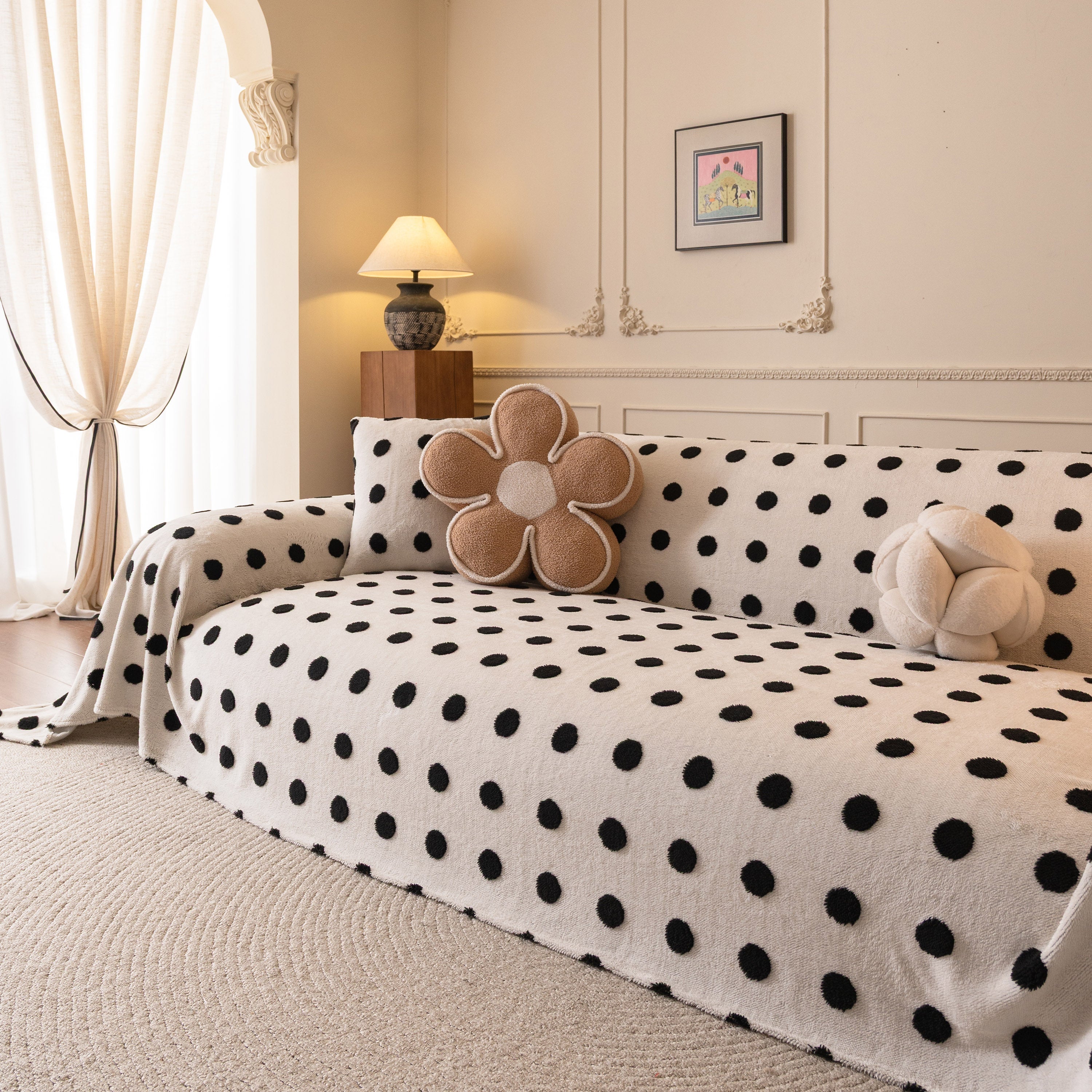 Plush Fleece Sofa Cover Throw, Soft Textured Polka Dot Couch Protector Blanket For Pets