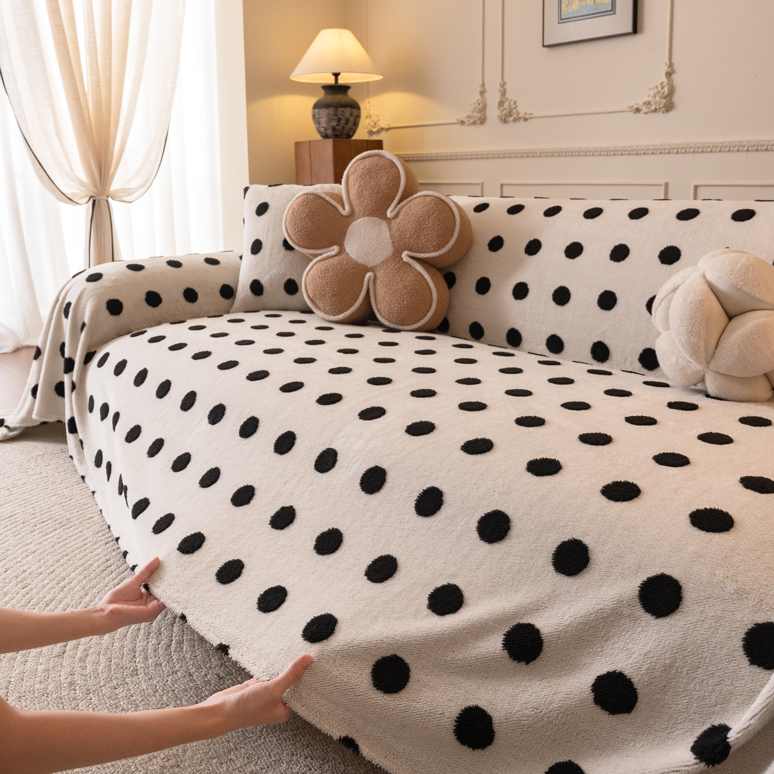 Plush Fleece Sofa Cover Throw, Soft Textured Polka Dot Couch Protector Blanket For Pets