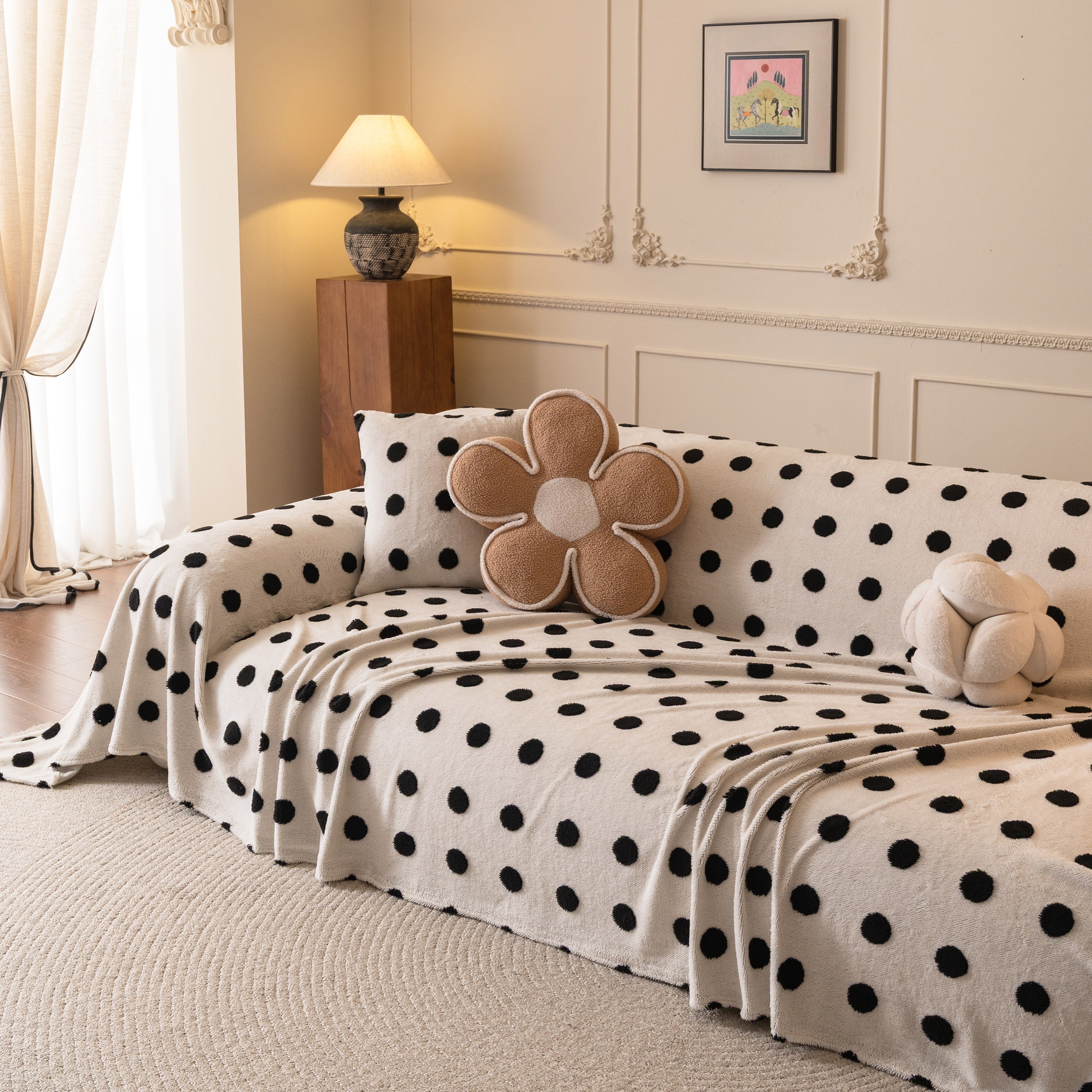 Plush Fleece Sofa Cover Throw, Soft Textured Polka Dot Couch Protector Blanket For Pets