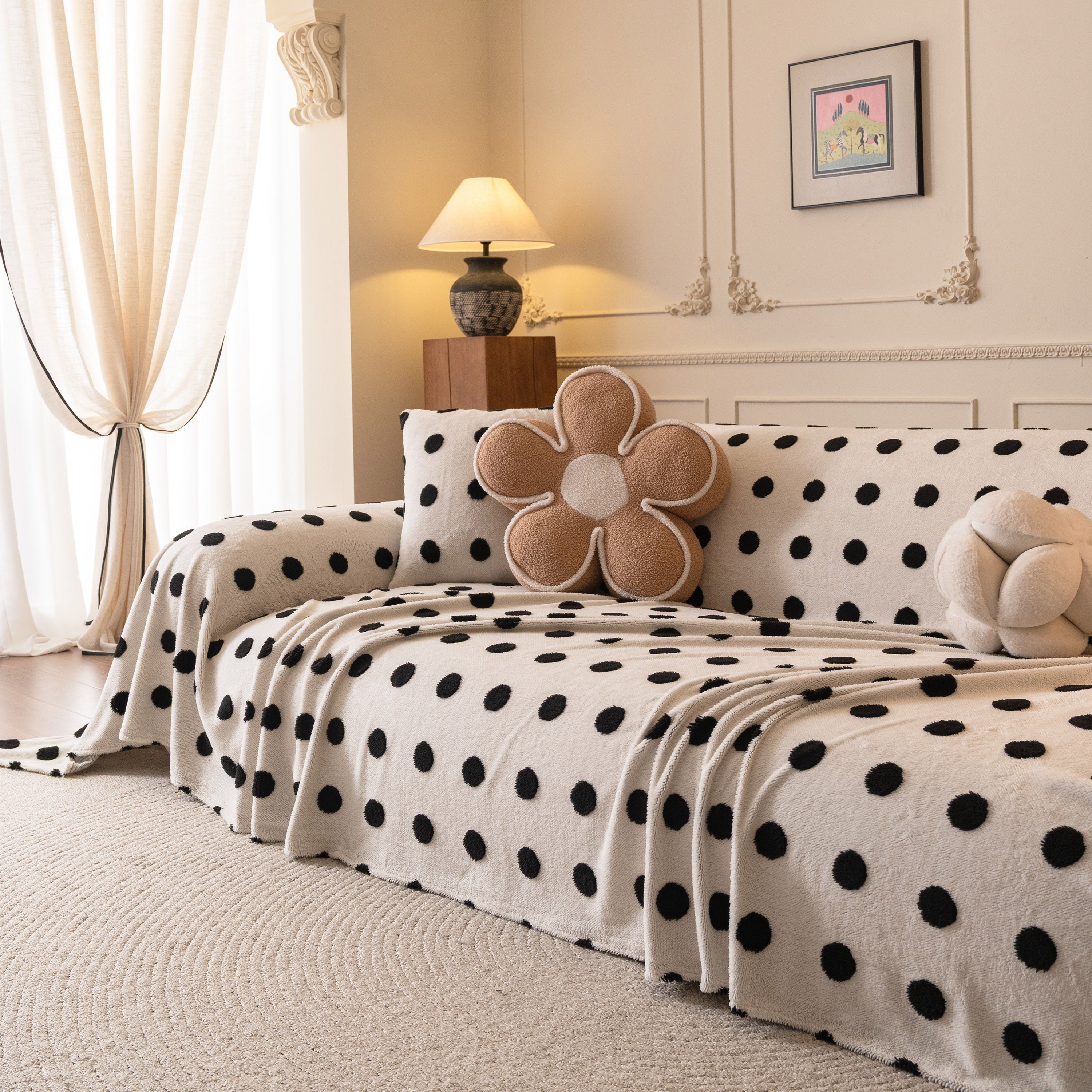 Plush Fleece Sofa Cover Throw, Soft Textured Polka Dot Couch Protector Blanket For Pets